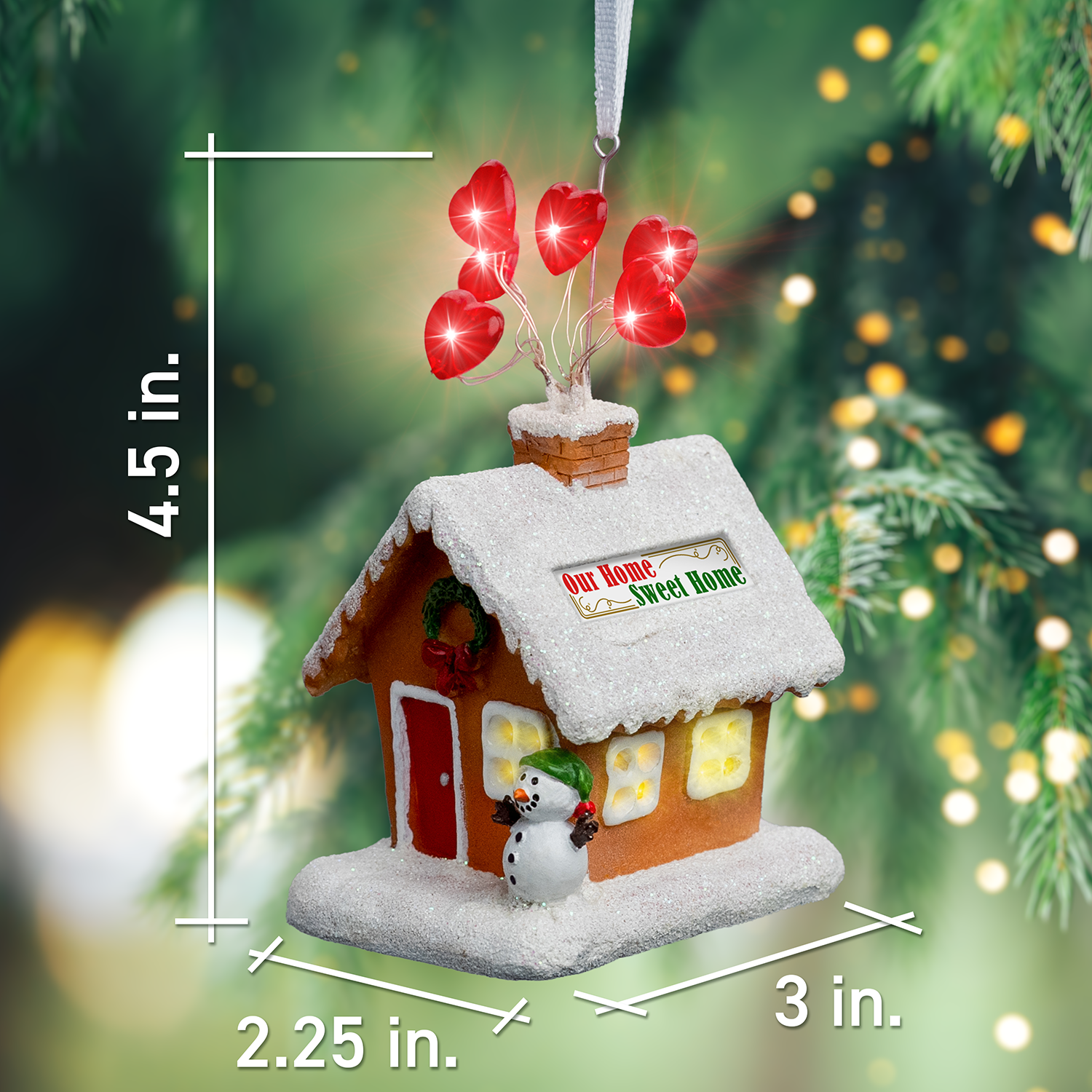 First Christmas in new home ornament with glowing gingerbread house design