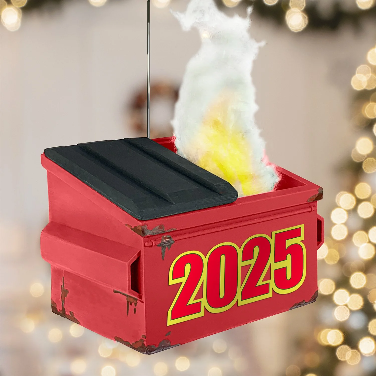 Dumpster fire 2025 ornament symbol of resilience with glowing flames
