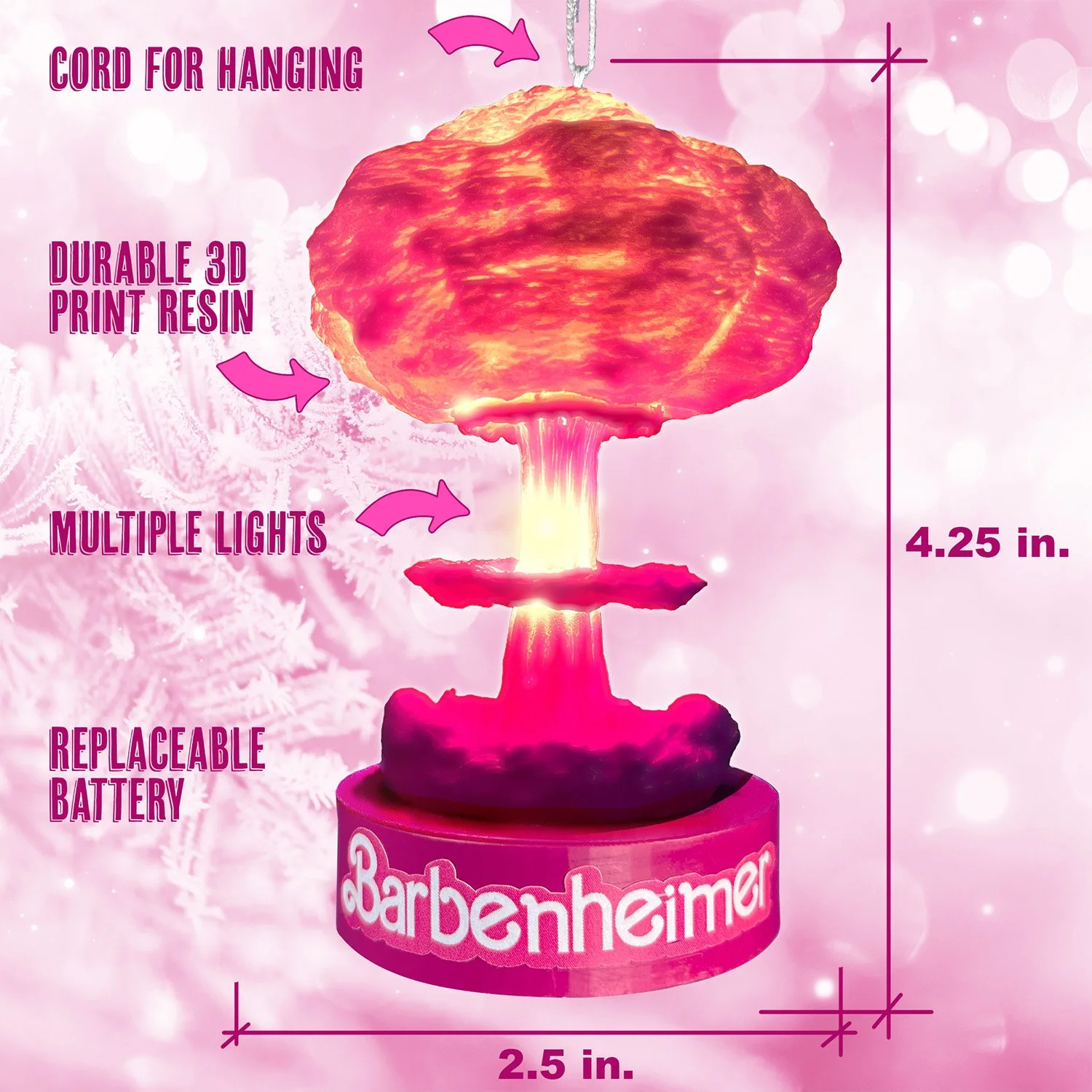 Hand-painted nuclear explosion ornament in pink tones with replaceable batteries