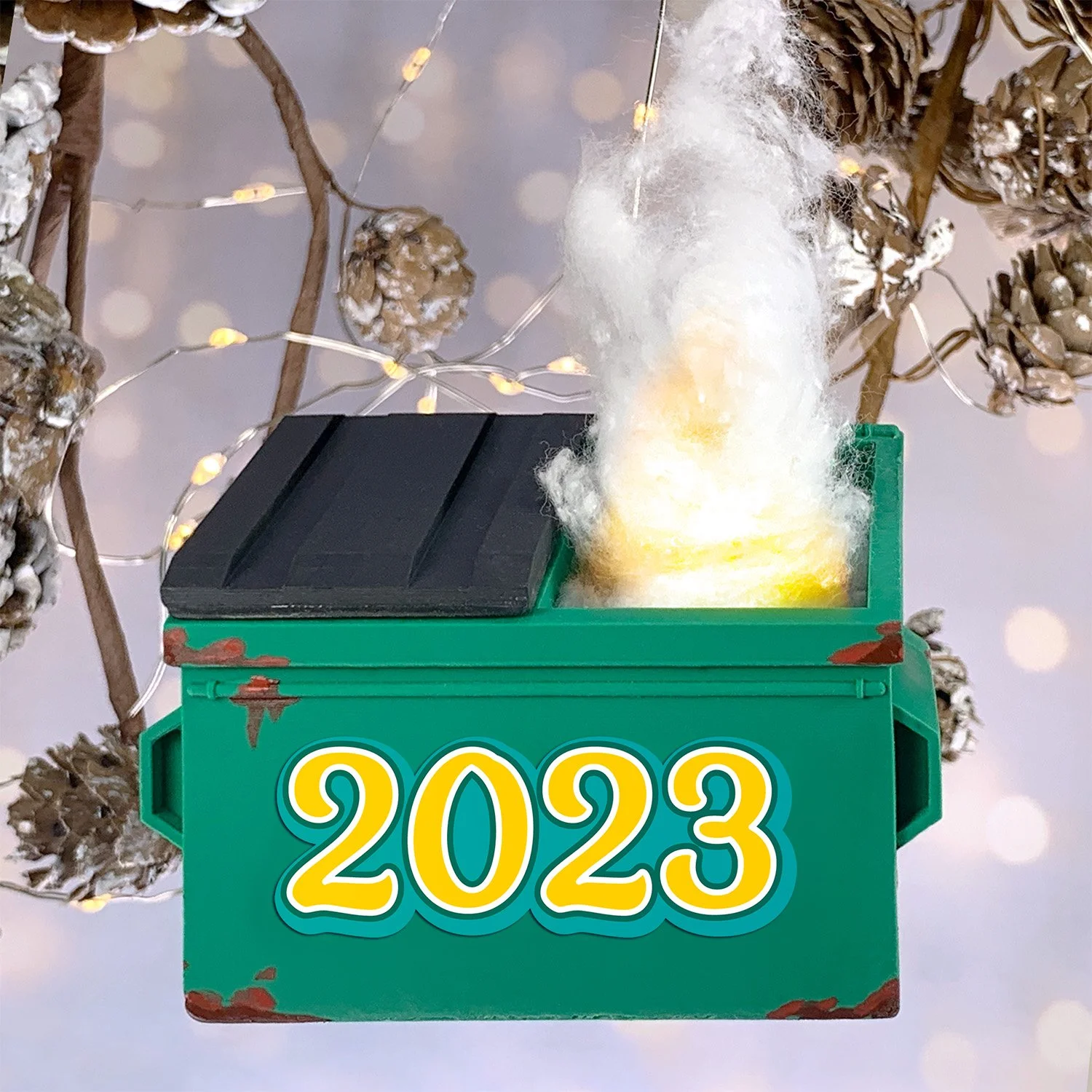 2023-themed Dumpster Fire tree ornament – holiday humor meets chaos in this unique and collectible Christmas decoration.