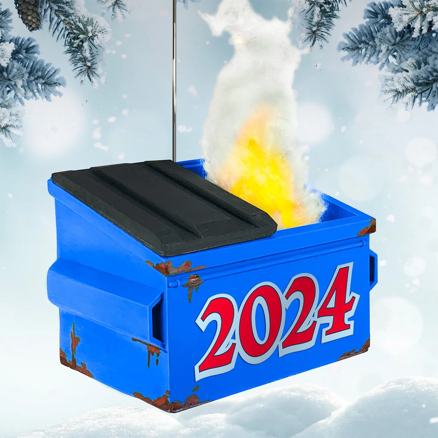 Humorous 2024 Dumpster Fire ornament – a must-have for holiday décor with a side of satire and end-of-year fun