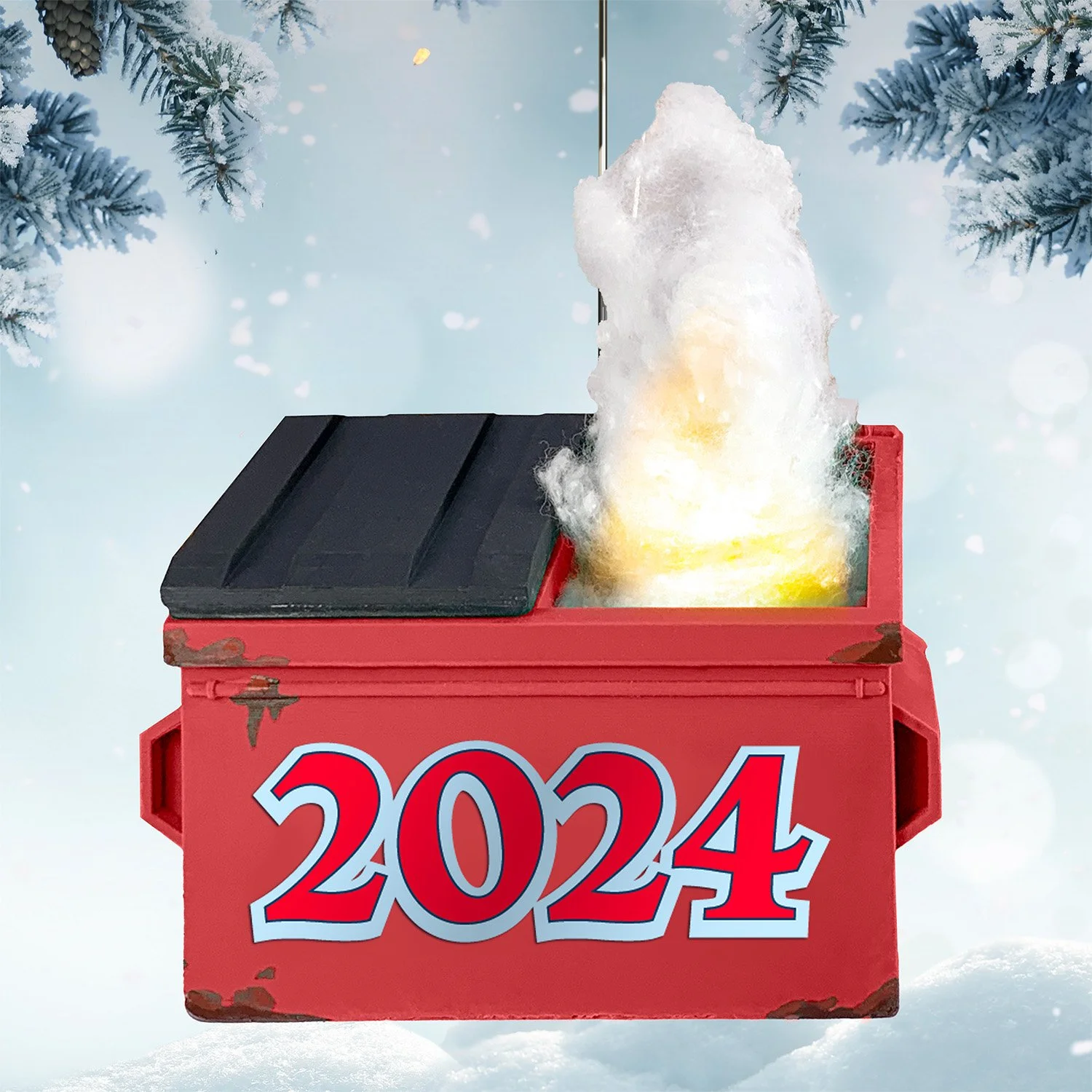 Dumpster fire 2024 ornament keepsake with replaceable battery for long-lasting glow