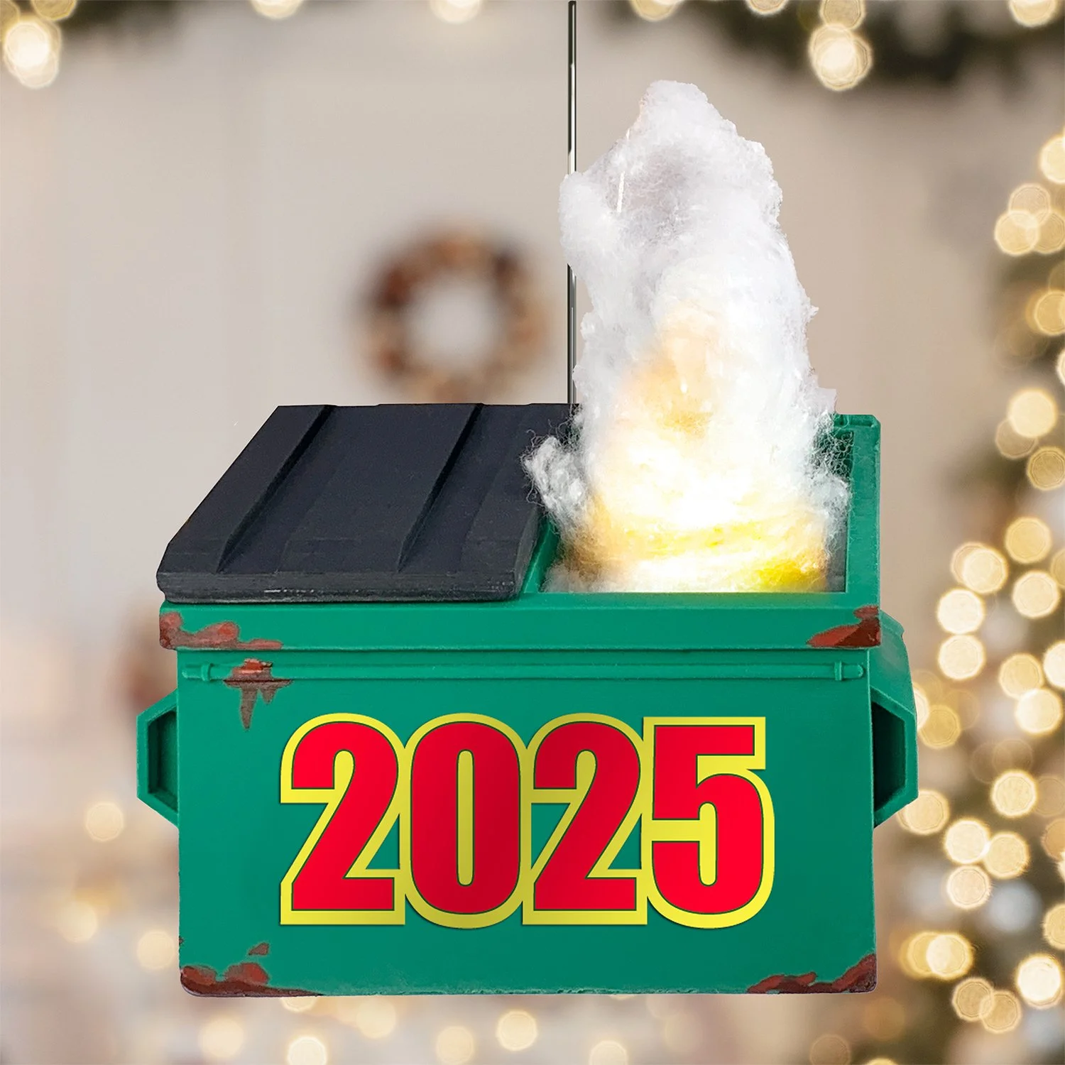Funny dumpster fire ornament with 2025 decal and lifelike LED flames