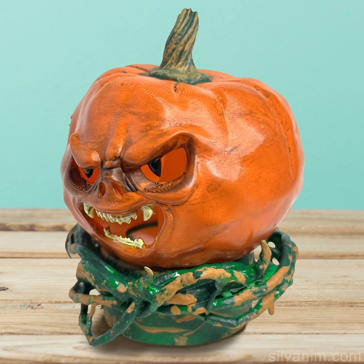 Spooky Halloween pumpkin prop with glowing eyes and mouth