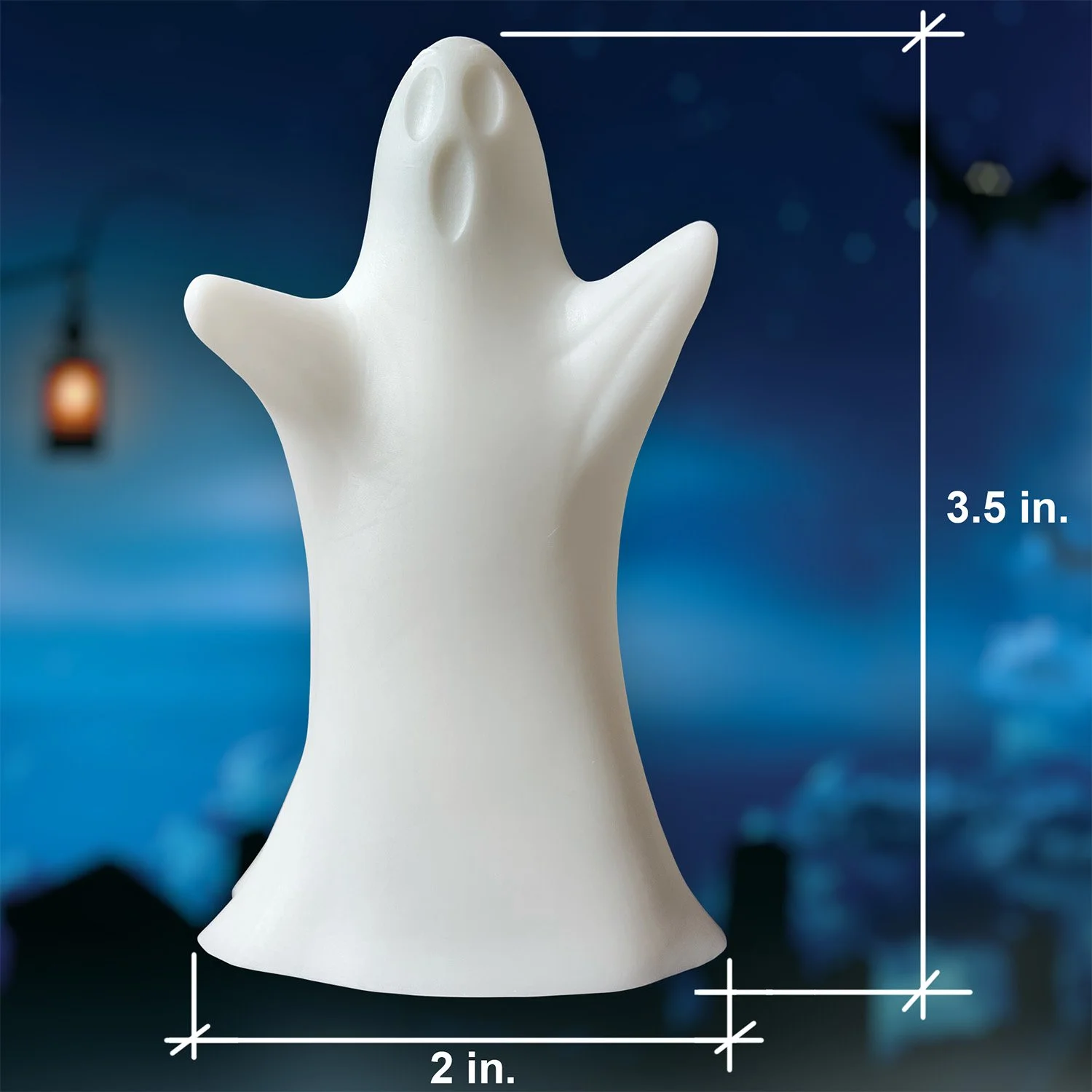 Small friendly spooky Flaca Ghost light-up ornament on mantel