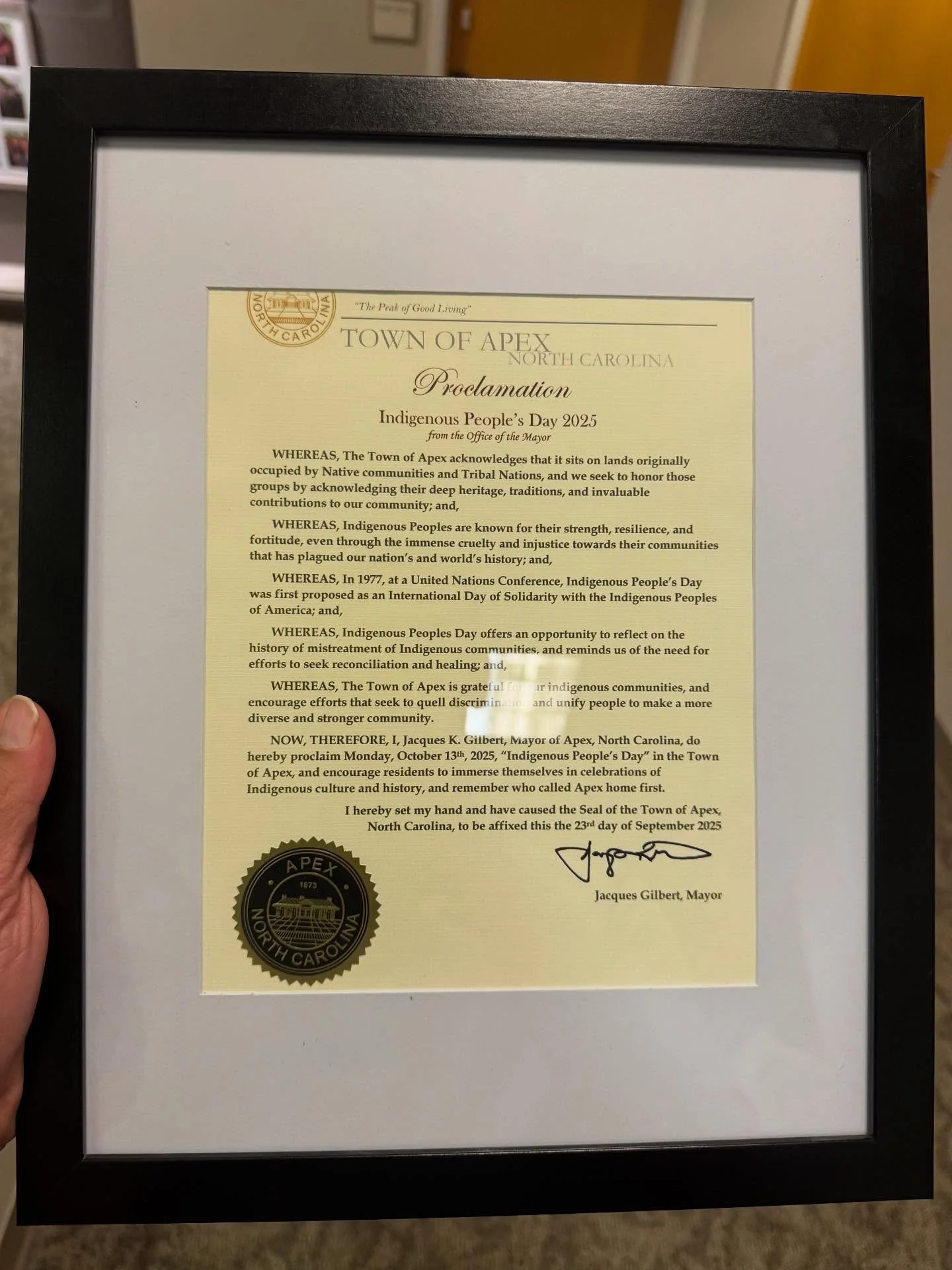 Thank you to the @townofapex for proclaiming October 13th Indigenous Peoples&rsquo; Day! Join us at @apexparks Apex Nature Park for their annual Indigenous Peoples&rsquo; Day Celebration on October 13th from 6:00-7:30pm
