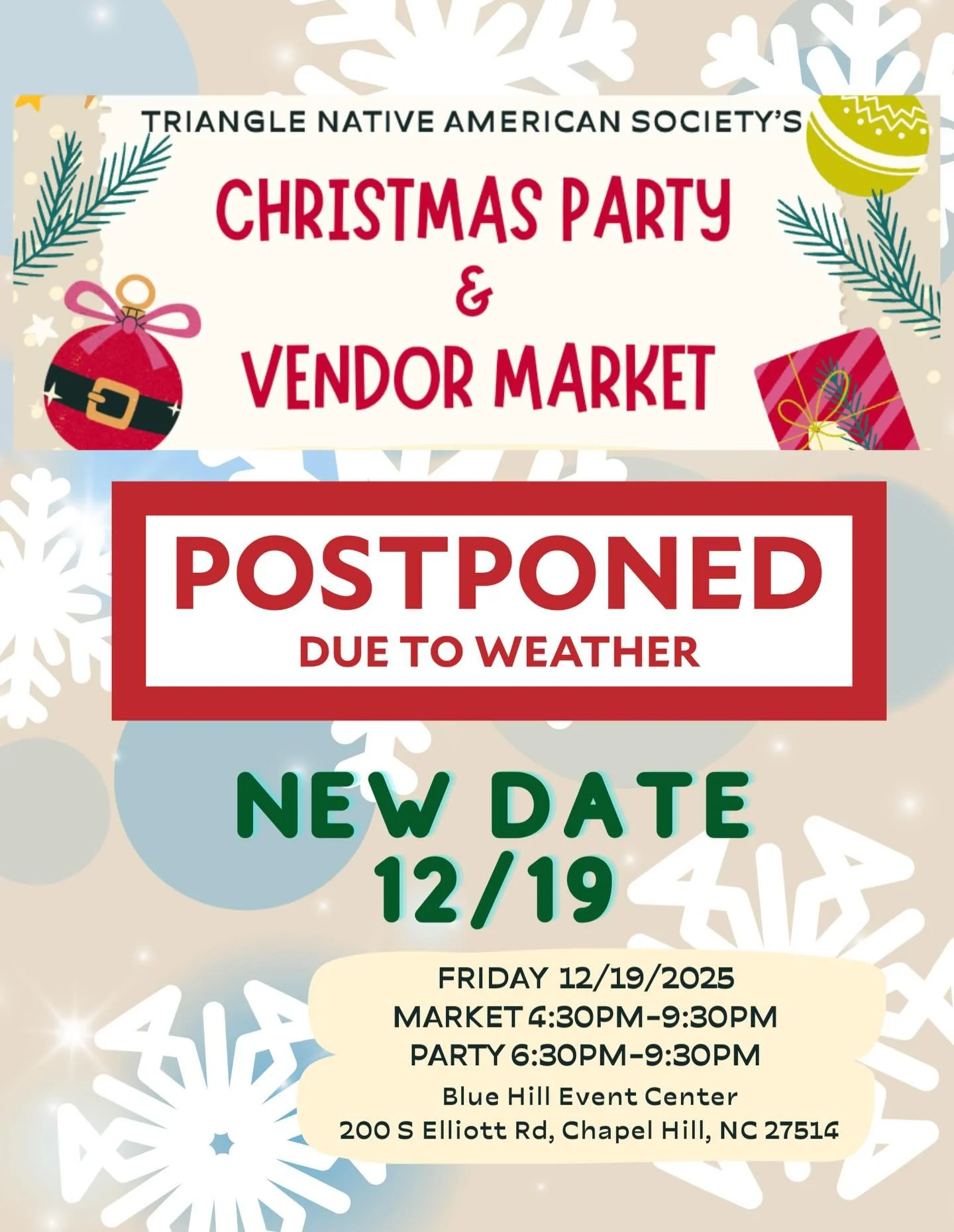POSTPONED - TNAS Christmas Party &amp; Market rescheduled to Friday 12/19, same time, same place! 

Out of an abundance of caution to ensure the safety of our guests and our elders, we are postponing Friday&rsquo;s Christmas Party to Friday, December