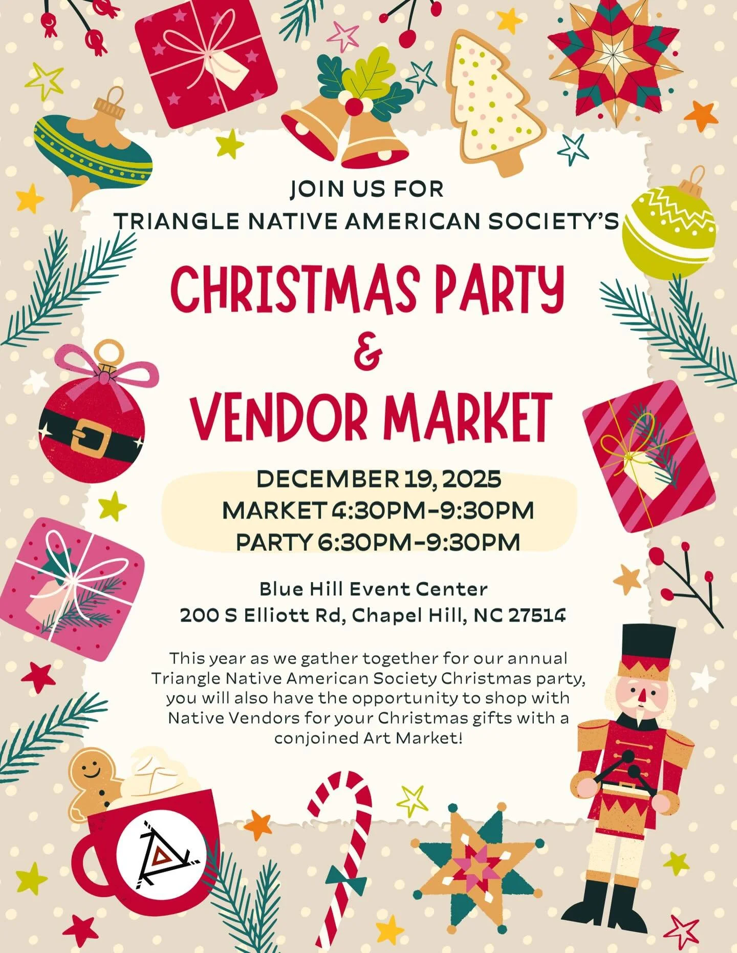 Reminder: join us tonight for our annual Christmas Party potluck, 6:30-9:30 at Blue Hill Event Center in Chapel Hill. Before the Christmas Party, we will have a vendor market open to the public 4:30-6:30 so you can do your last minute holiday shoppin
