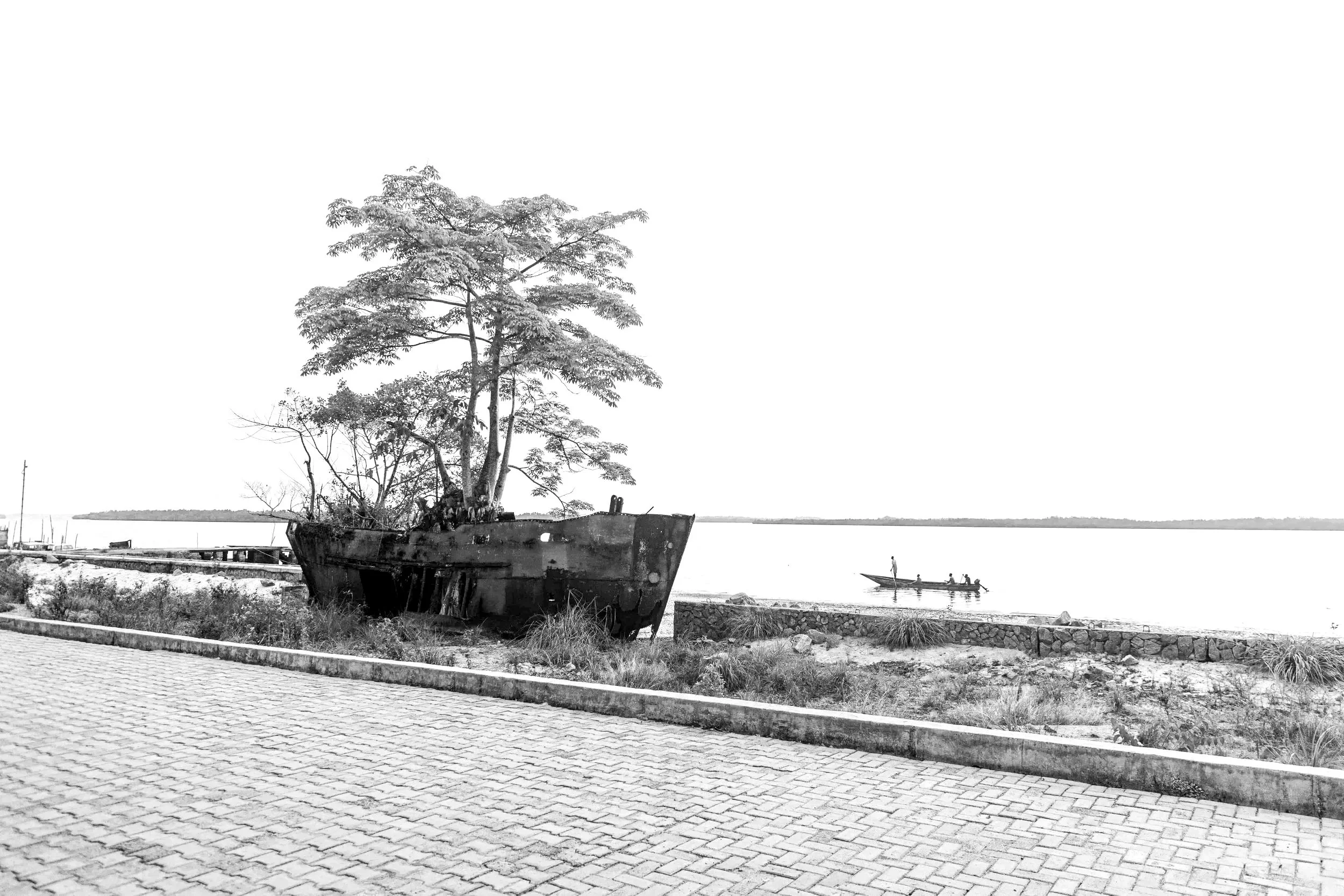 Old, rusted shipwreck with trees growing on it, situated near a waterfront; a small boat with people is seen on the water in the background.