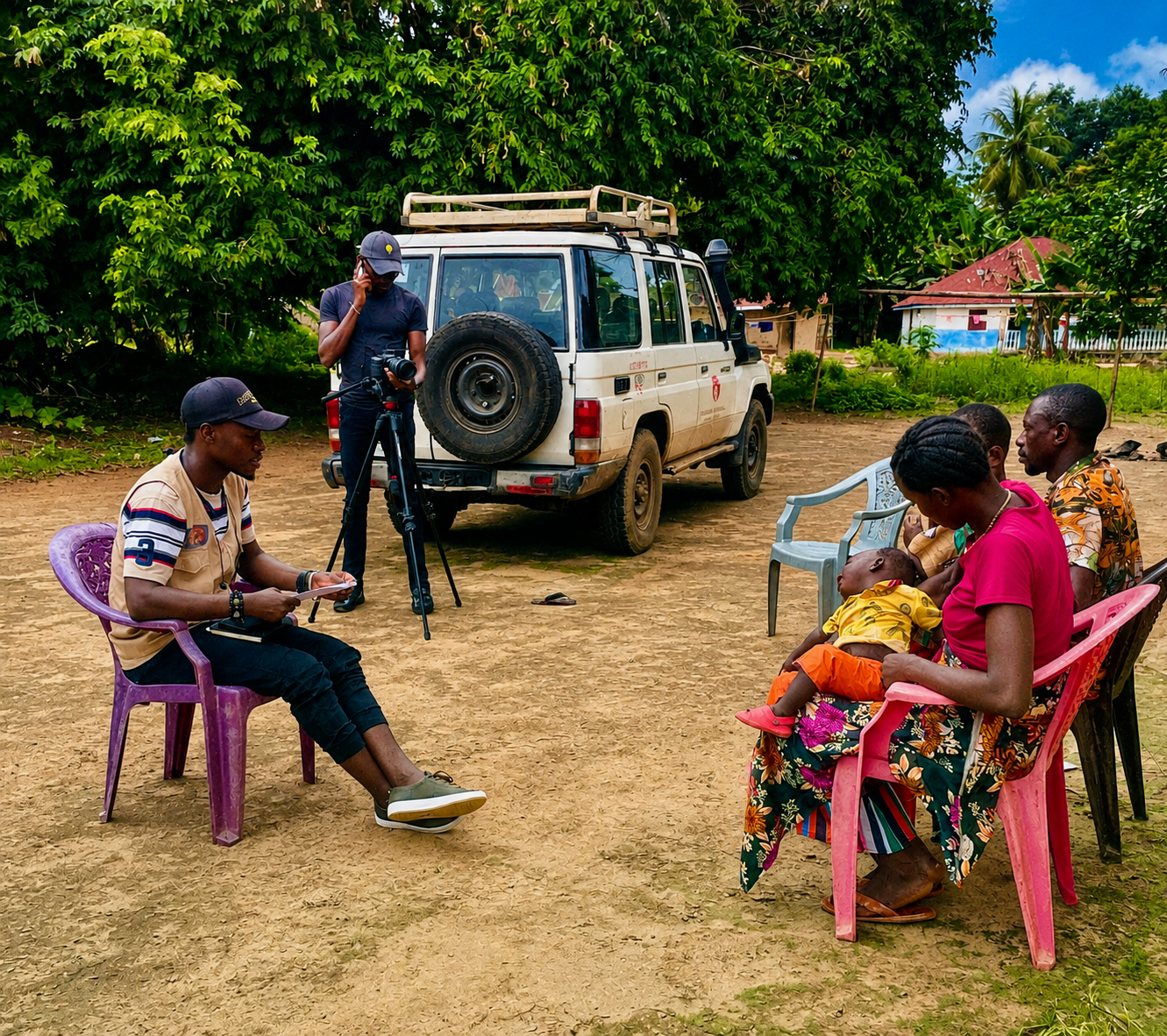 A group of people outside, sitting on plastic chairs, with a woman breastfeeding a child, a news crew with a camera and tripod, a white vehicle in the background, trees and a small house with a red roof, under a partly cloudy sky.