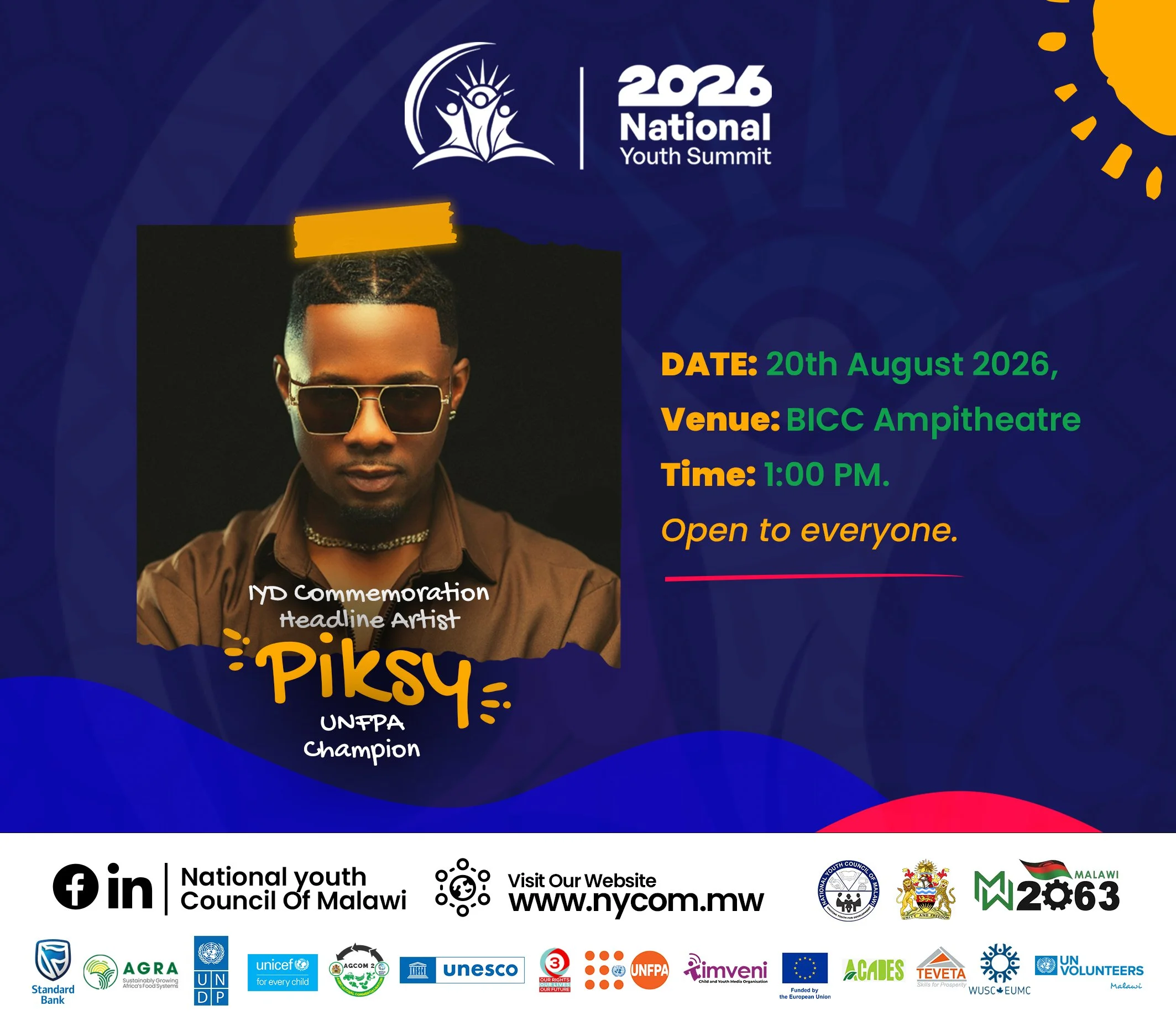Promotional banner for the 2026 National Youth Summit in Malawi, featuring a young man with sunglasses and text with event details, logos of organizations involved, and colorful design elements.
