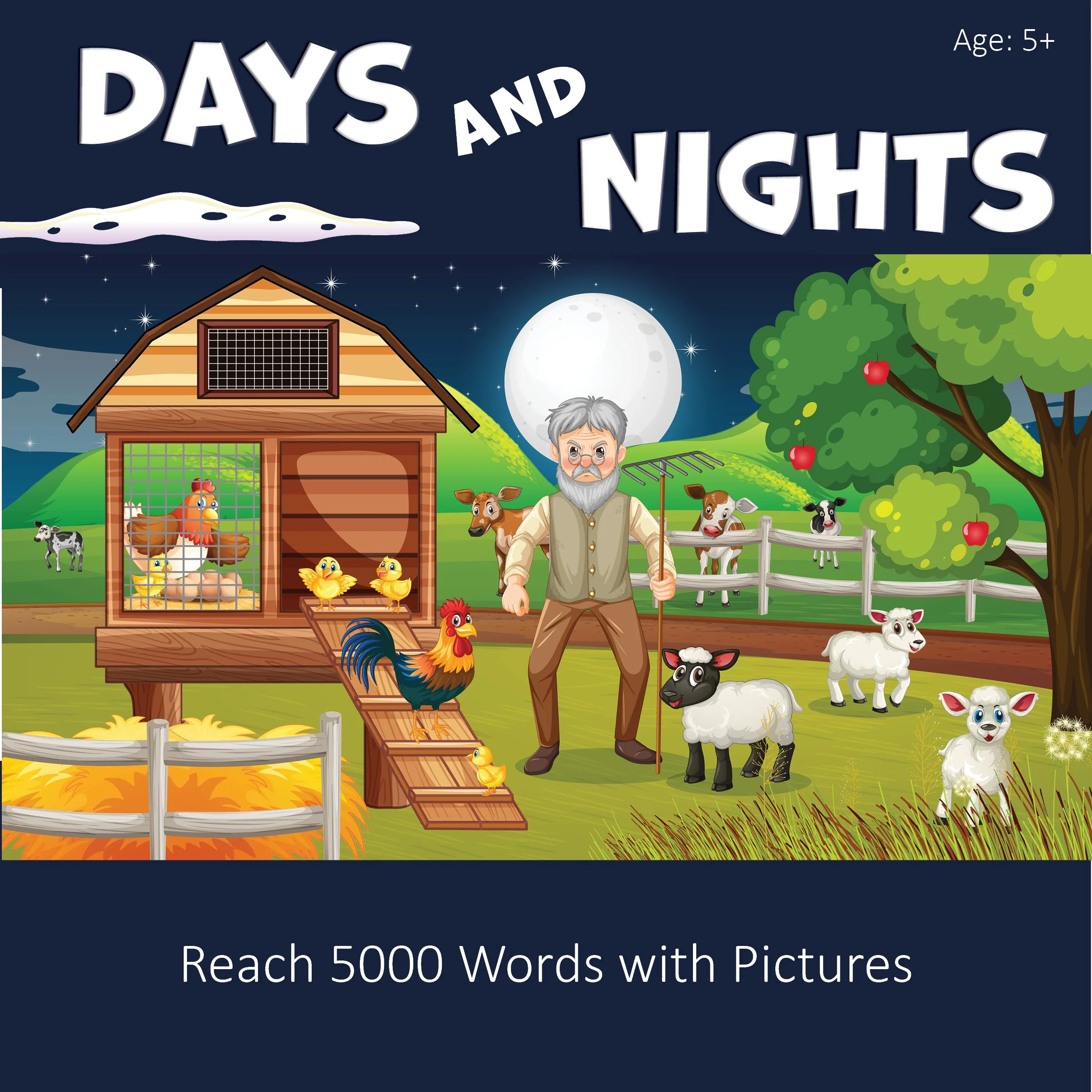 night, cows, glasses, grandpa, rake, chick, hen, garden, fork, hay, sheep, fence, hill, rooster, day, trunk, tree, apple, window, roof, pillars, nesting box, tree crown, chicken coop, ramp, nest, egg, yellow