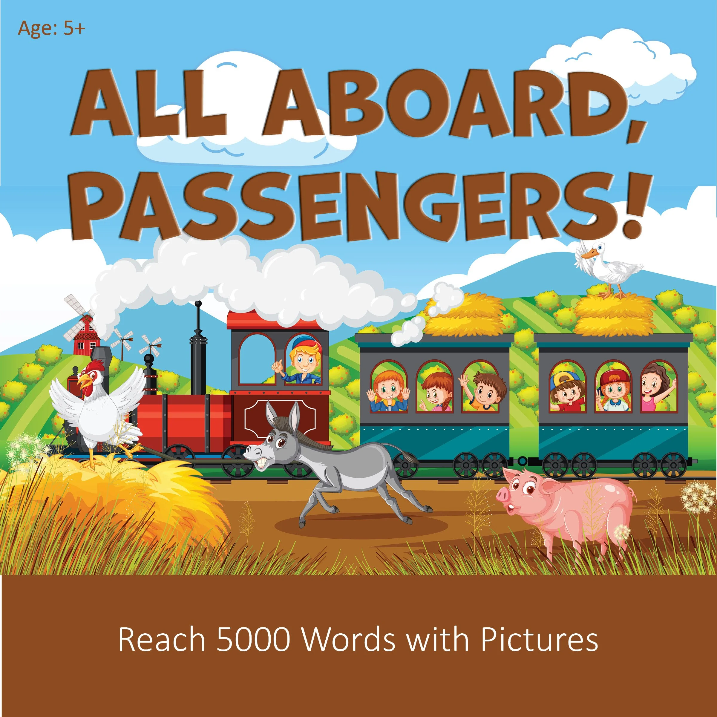 pig, donkey, chicken, duck, passengers, field, engine, compartment, passenger train, wind turbine, haystack, Steam Locomotive, railway, empty, full, axle, chimney, steam, windmill, blades, wheel