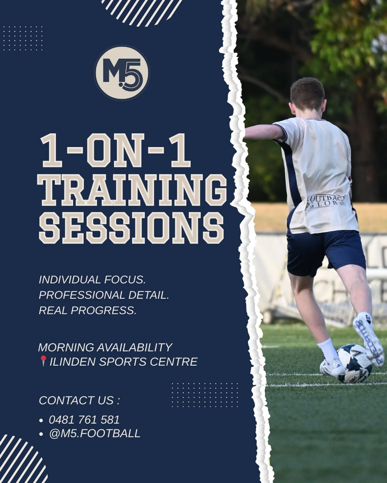 1-on-1 training sessions designed around the individual player.

Focused work, clear feedback and purposeful detail in a professional environment.

📍 Morning sessions at Ilinden Sports Centre
🔗 www.m5football.com.au/contact
📩 @m5.football