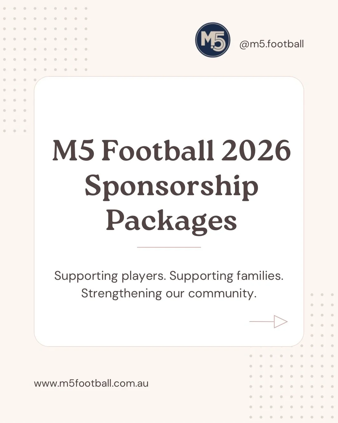M5 Football | 2026 Sponsorship Partnerships

At M5 Football, our partnerships are purpose-led &mdash; supporting player development, positive environments and the local football community.

For the 2026 season:
&bull; Our Foundation Partner is secure
