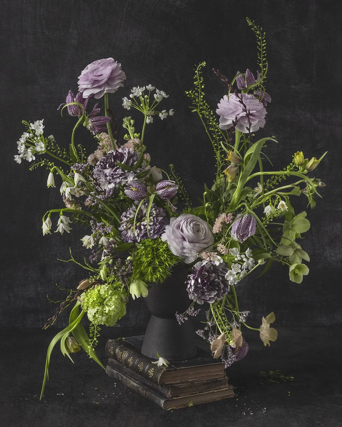 Bells and Petals in Spring, 2026  Ranunculus, Fritillarias, Alliums with Snowflakes and Butterfly Ranunculus beauty of Dark Floral Arrangement