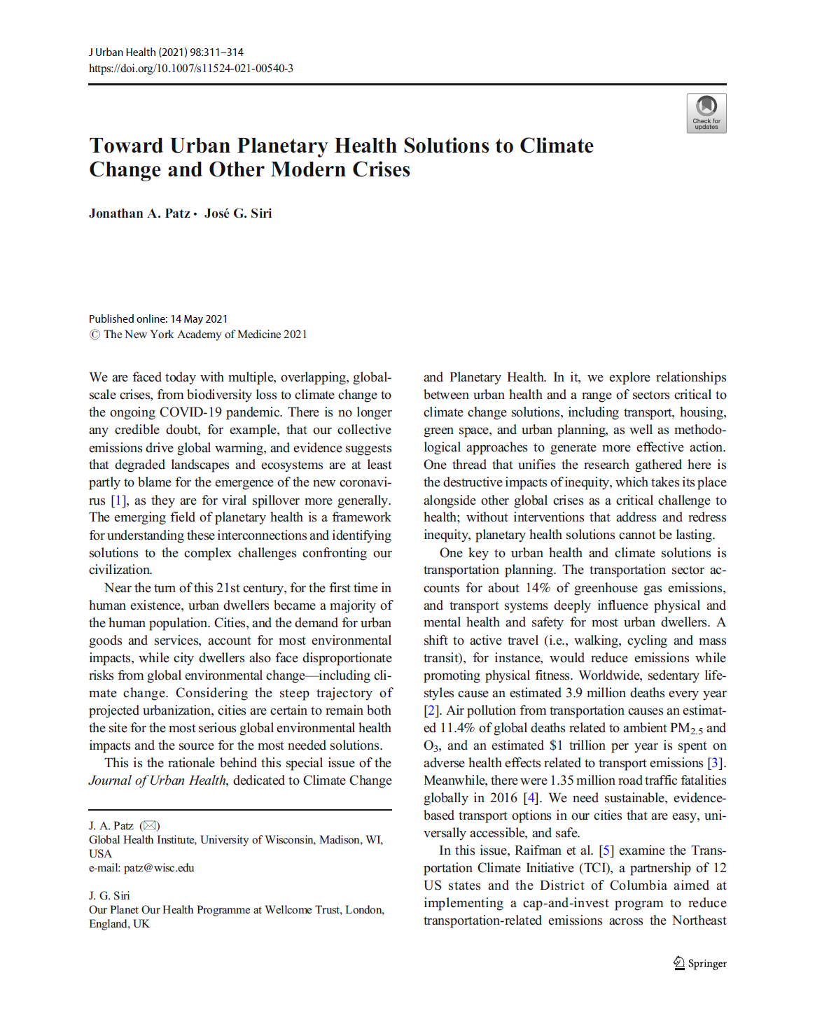Toward urban planetary health solutions to climate change and other modern crises
