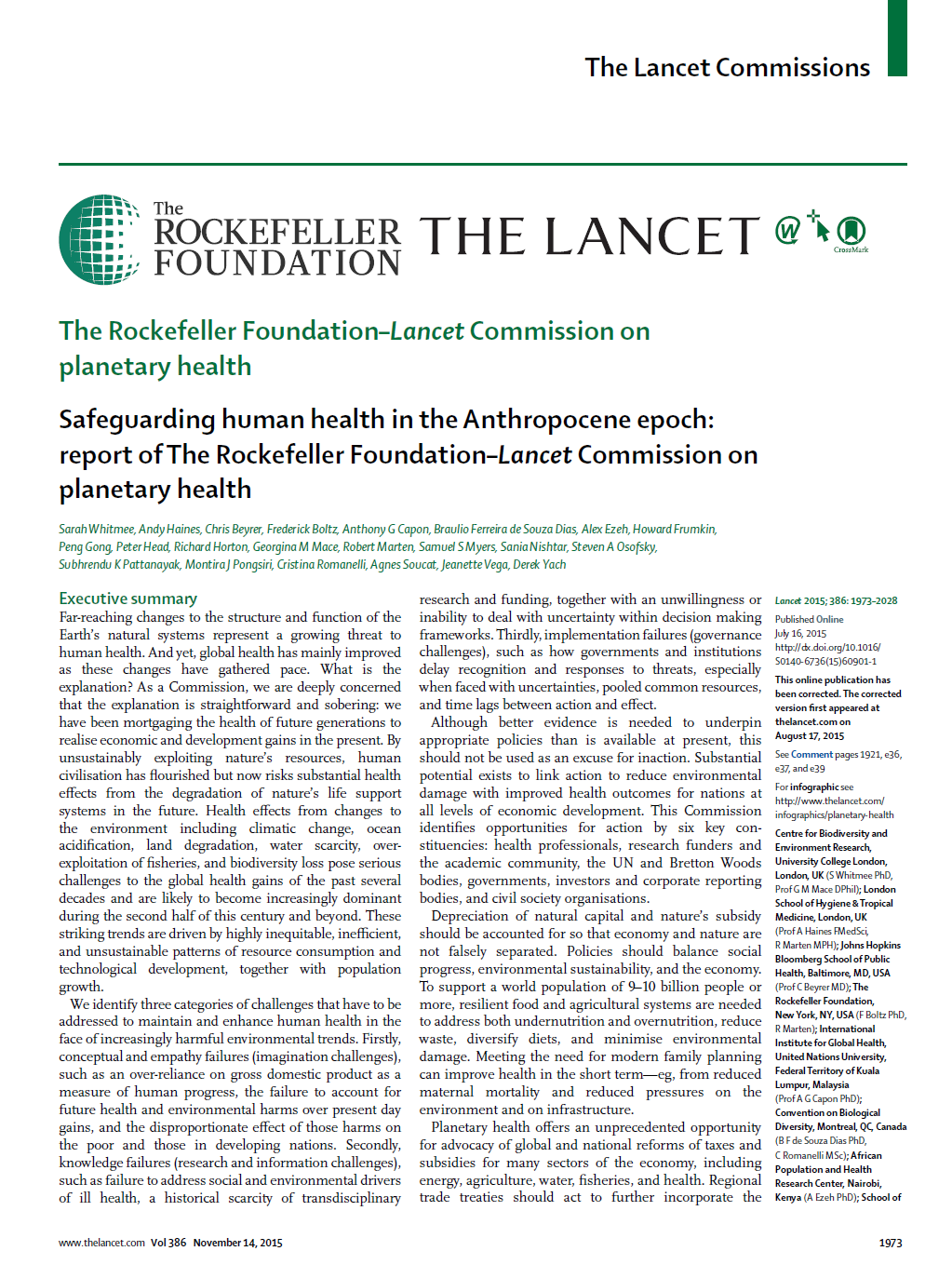Safeguarding human health in the Anthropocene epoch: report of The Rockefeller Foundation-Lancet Commission on planetary health