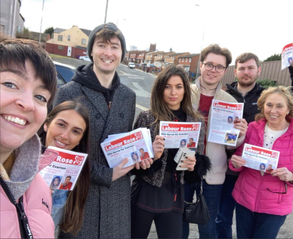 Ellie Byrne (centre) on the campaign trail alongside Sam East (to her right), the candidate for Warbreck 