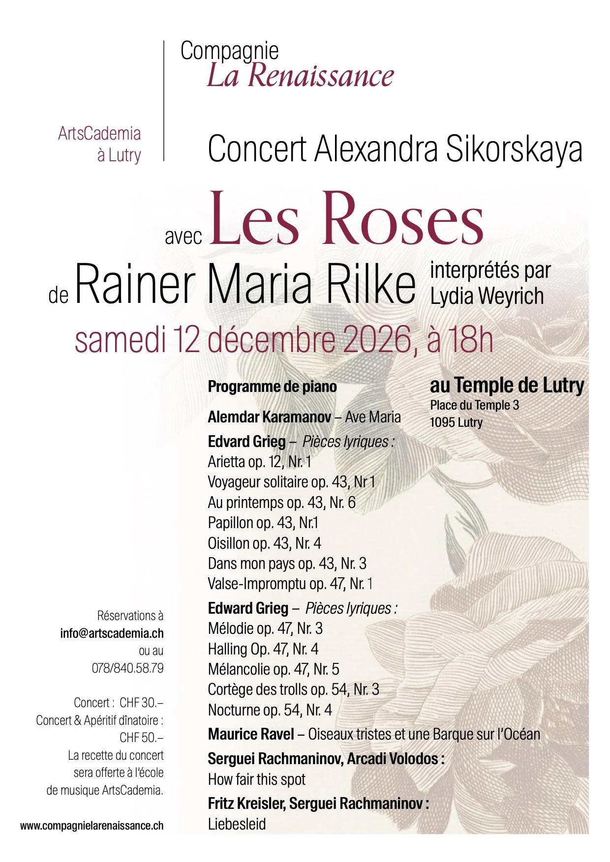 les roses rainer maria rilke compagnie la renaissance lutry morges lydia weyrich alexandra sikorskaya ravel grieg rachmaninov karamanov