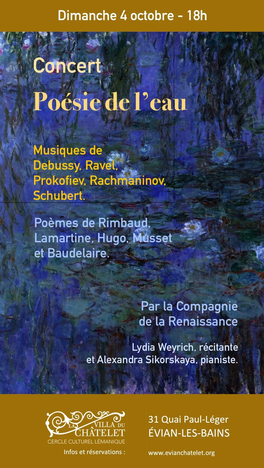 Poésie de l'eau villa du chatelet evian les bains compagnie la renaissance lydia weyrich Alexandra sikorskaya musset rimbaud baudelaire hugo lamartine