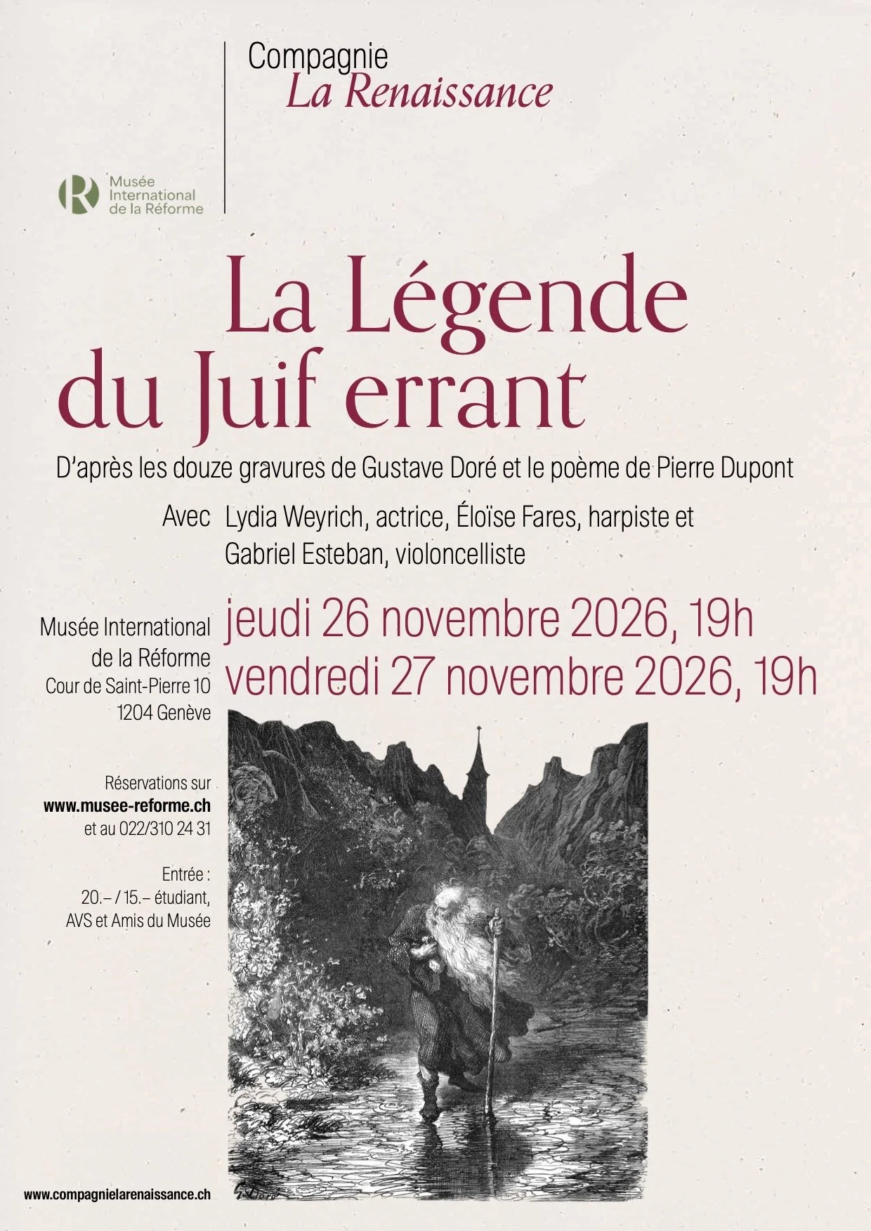 la légende du juif errant musée international de la réforme genève compagnie la renaissance gustave doré pierre dupont saint saens bartok beethoven lydia weyrich eloise fares gabriel esteban theatre musique morges