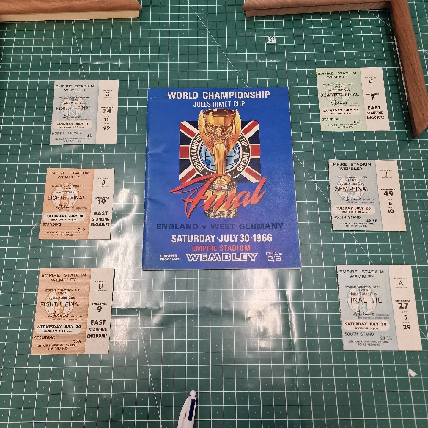 Future project. World cup 1966 final programme alongside all the ticket stubs from previous rounds.