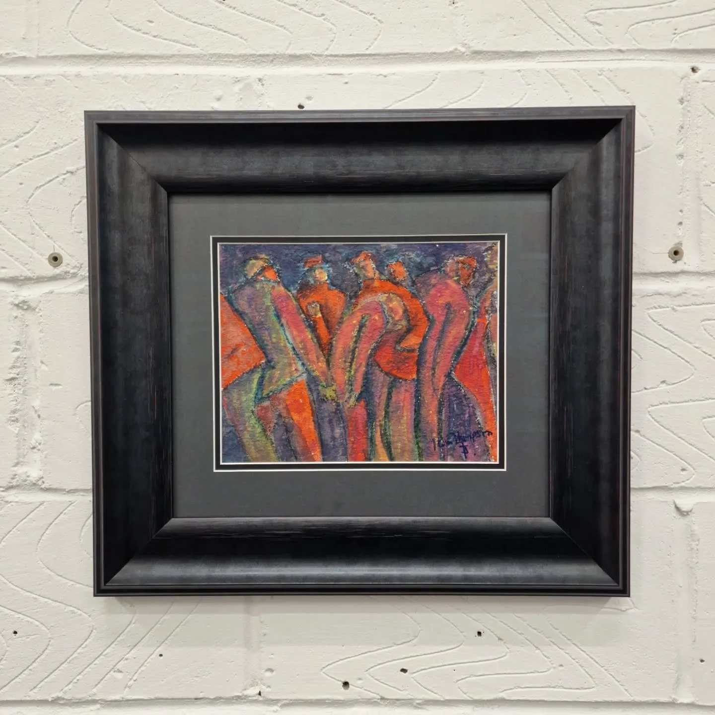 "Men of fire" mounted under a double window, black under and dark grey over. Framed in a chunky, black, shapely frame with UV glass for clarity and protection from UV light. 

Busy at The Bespoke Framer.