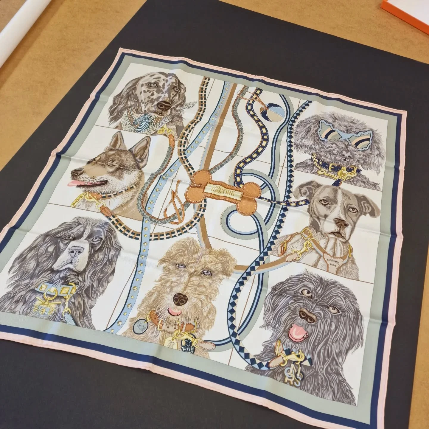 Hermes silk scarf of dogs. Today's project for framing