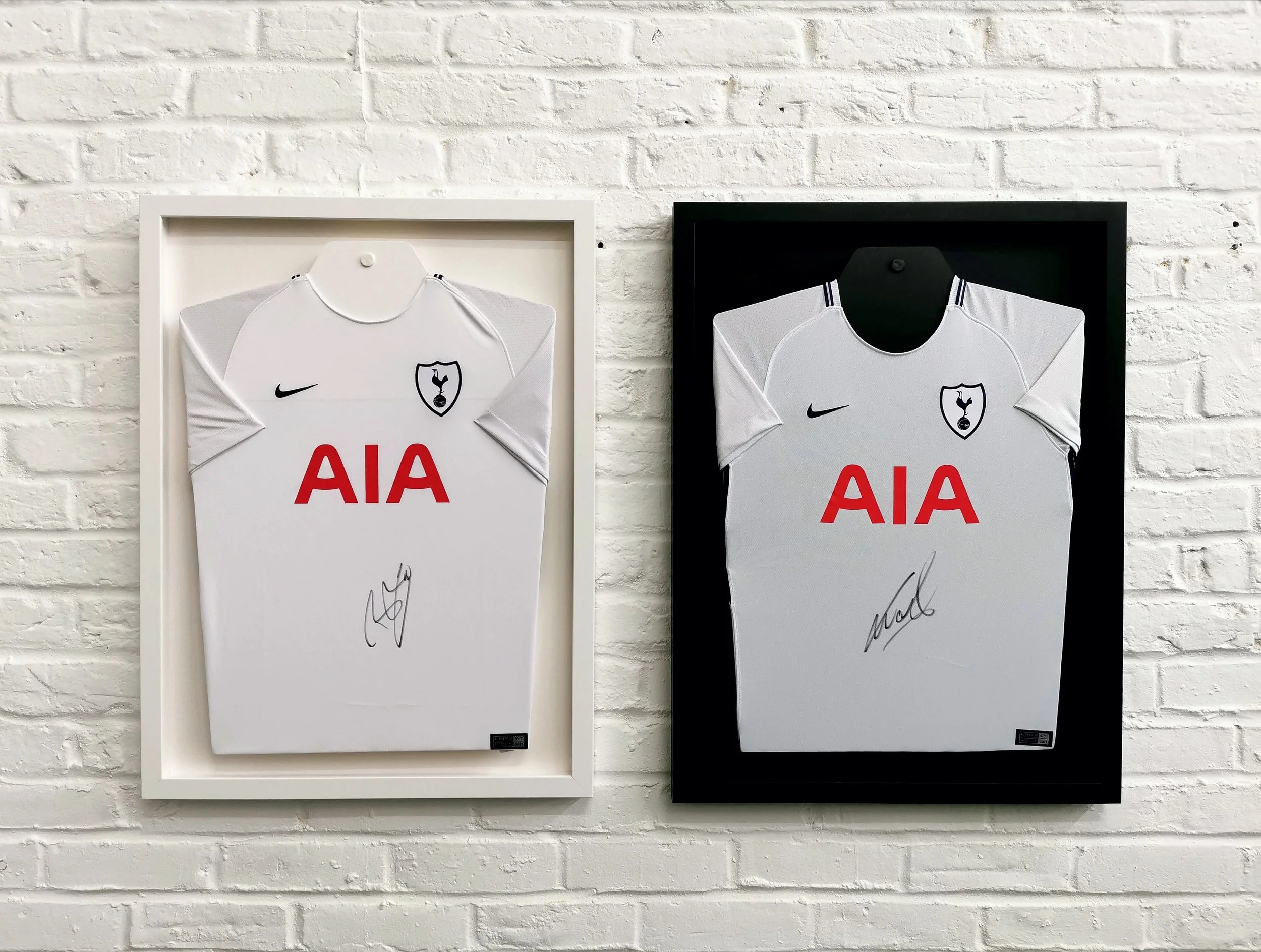Framed signed Tottenham Hotspur football shirts by the bespoke framer using the shirt supporter