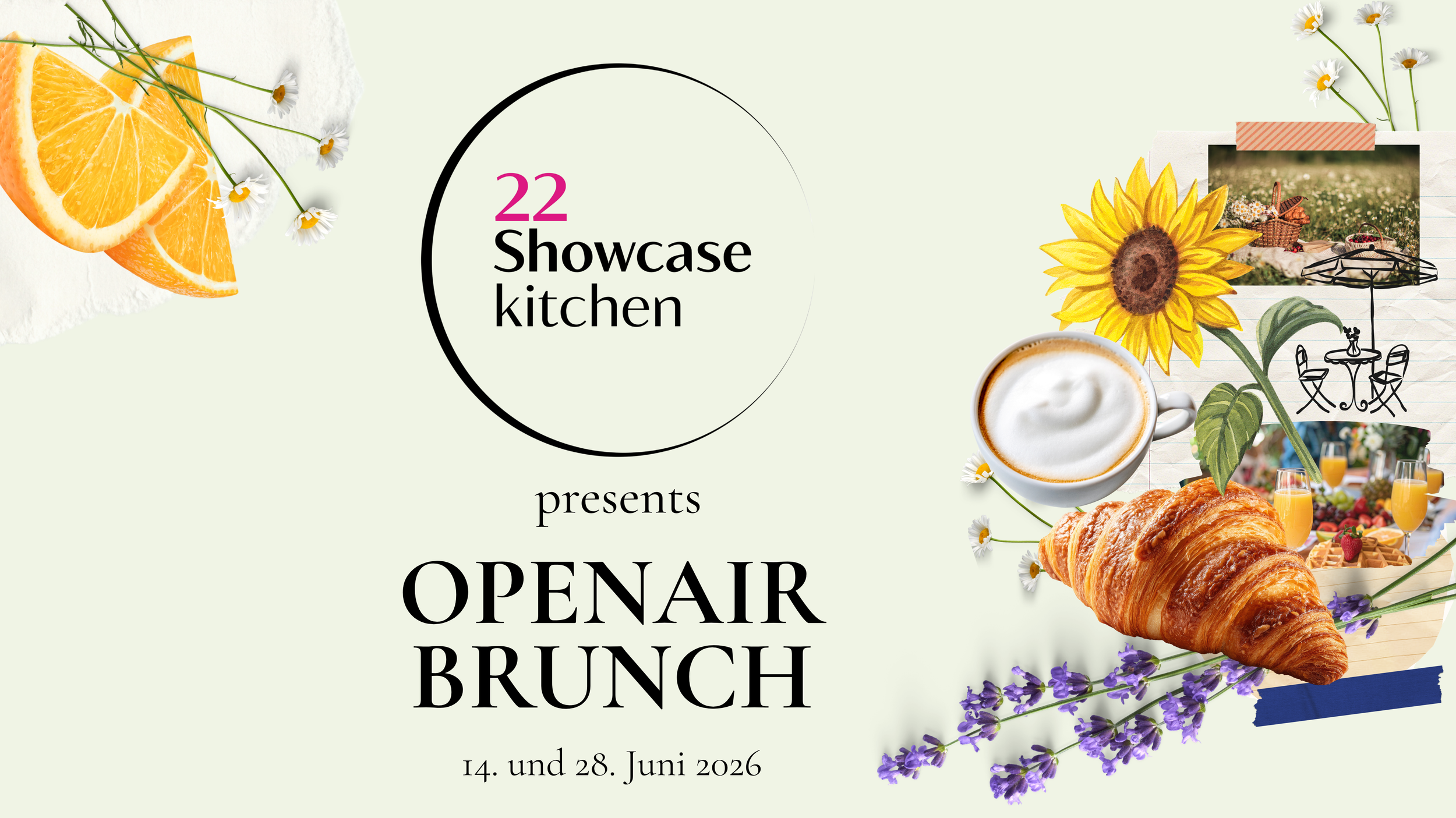 Ein fröhliches Bild, das Elemente eines Brunches zeigt. Croissant, Cappuccino, usw. Sowie der Infotext: 22 showcasekitchen presents Open Air Brunch am 14. und 28. Juni 2026