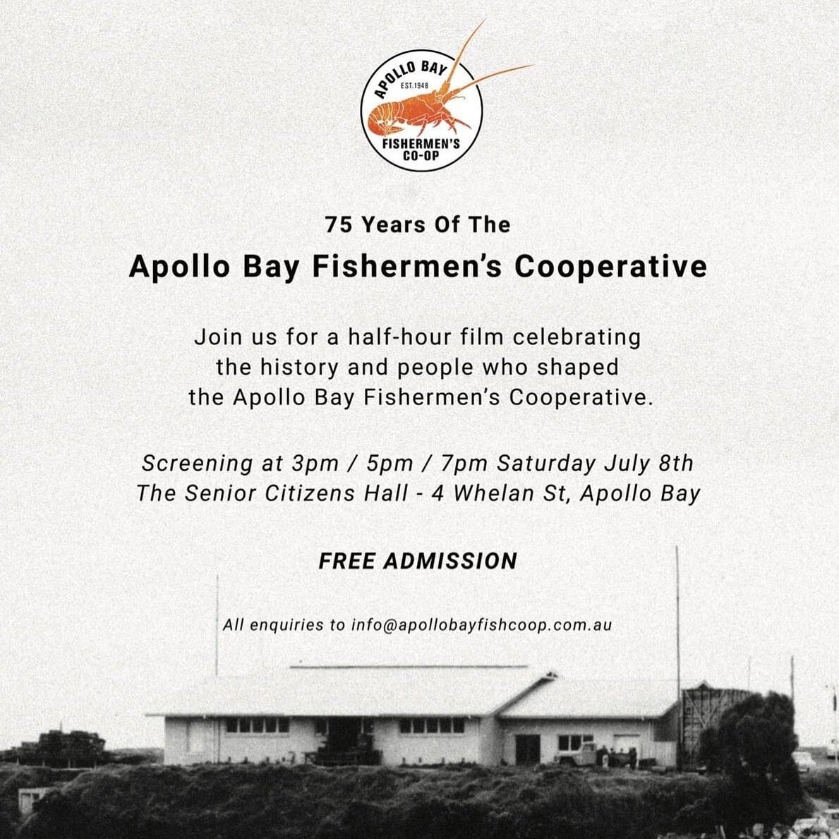 Today is the day! Get out of this wild weather and come and check out our film screening celebrating 75 years of The Apollo Bay Fisherman's Coop. 3pm-5pm-7pm at Apollo Bay Community Hall (formerly the senior citizens center) Hope to see you there.

P
