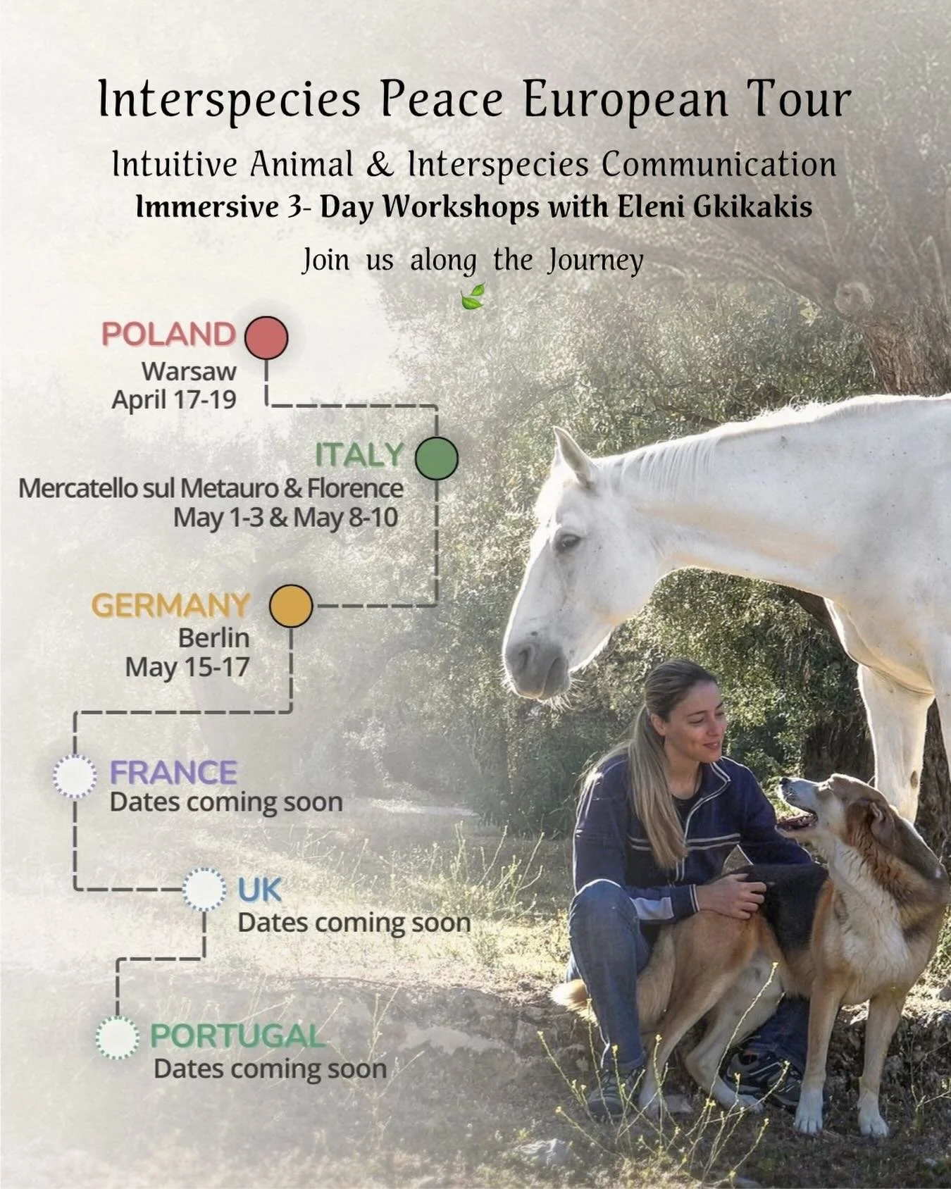 🐾 What if animals could speak to us &mdash; and we truly listened?

Join @Eleni Gkikakis on a European tour of immersive 3-day workshops in Intuitive Animal &amp; Interspecies Communication.

Connect your heart with Mother Nature, animals (domestic 
