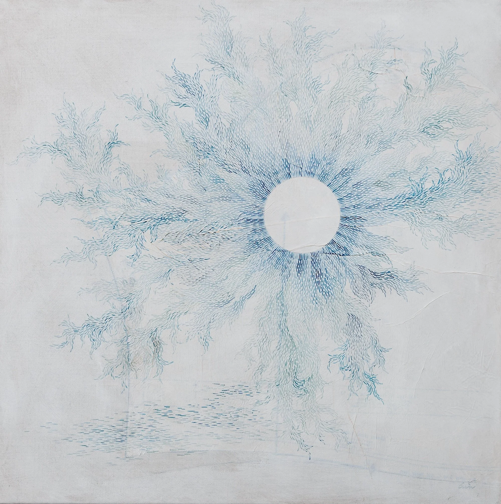 In Harmony With the Flow of Life. Watercolor, Collaged Sewing Pattern, Gesso, on Linen Canvas. 20" x 20".