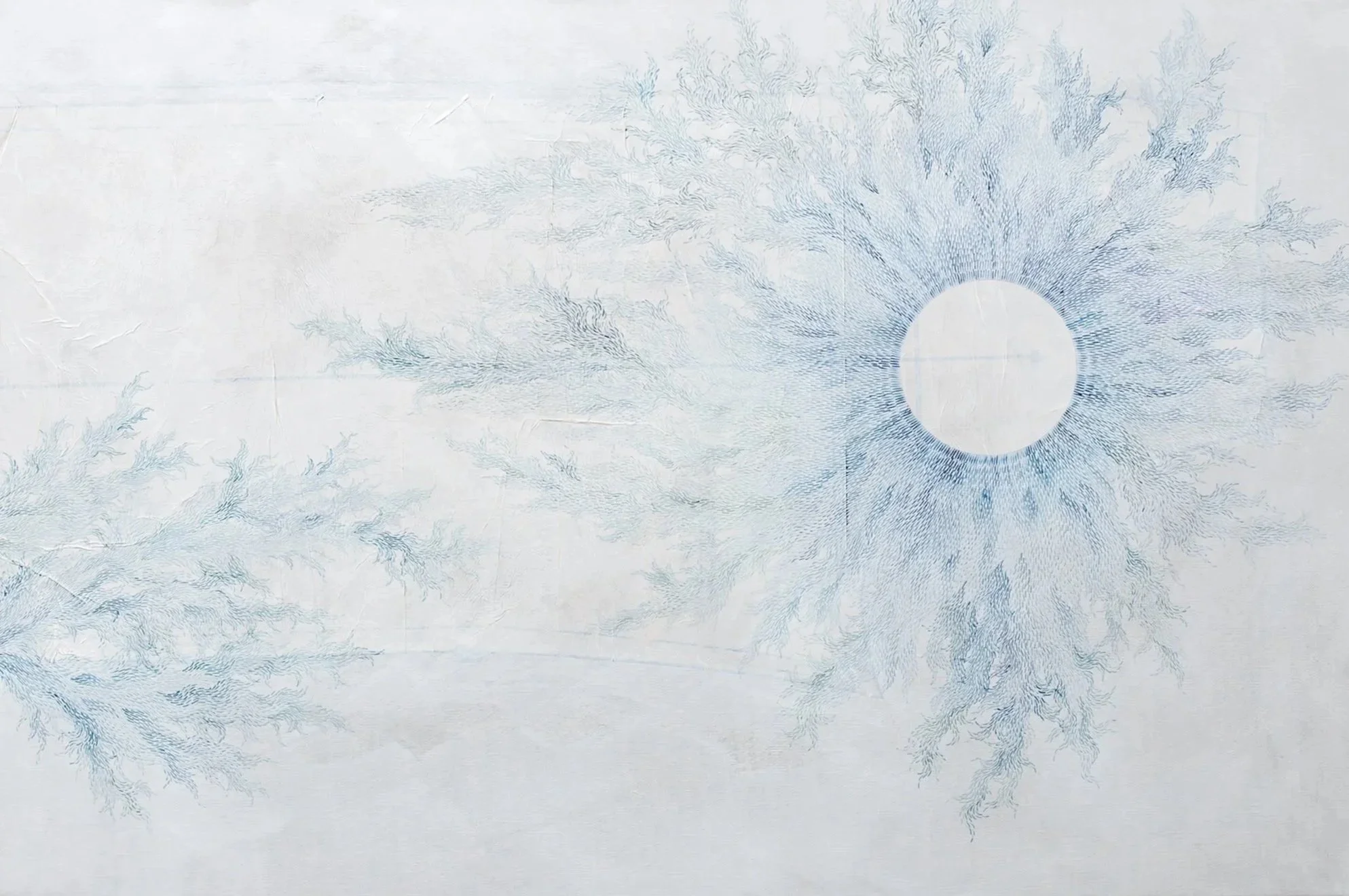 Where The Waters Meet. Watercolor, Collaged Sewing Pattern, Gesso, on Linen Canvas. 24" x 36".