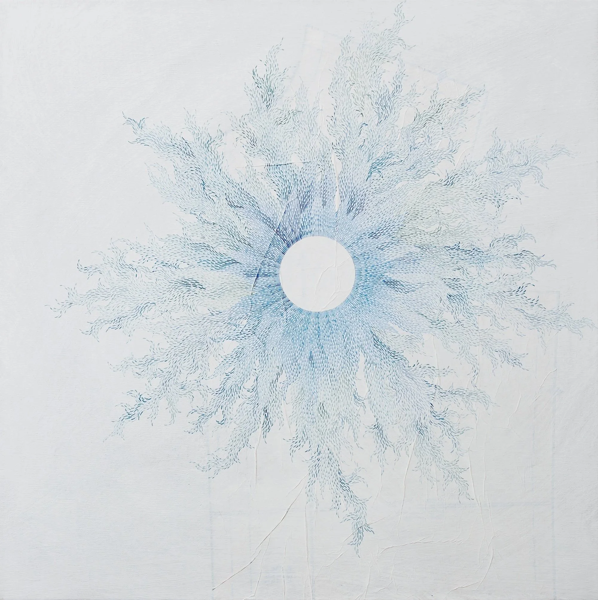 The Still Center. Watercolor, Collaged Sewing Pattern, Gesso, on Linen Canvas. 20" x 20".