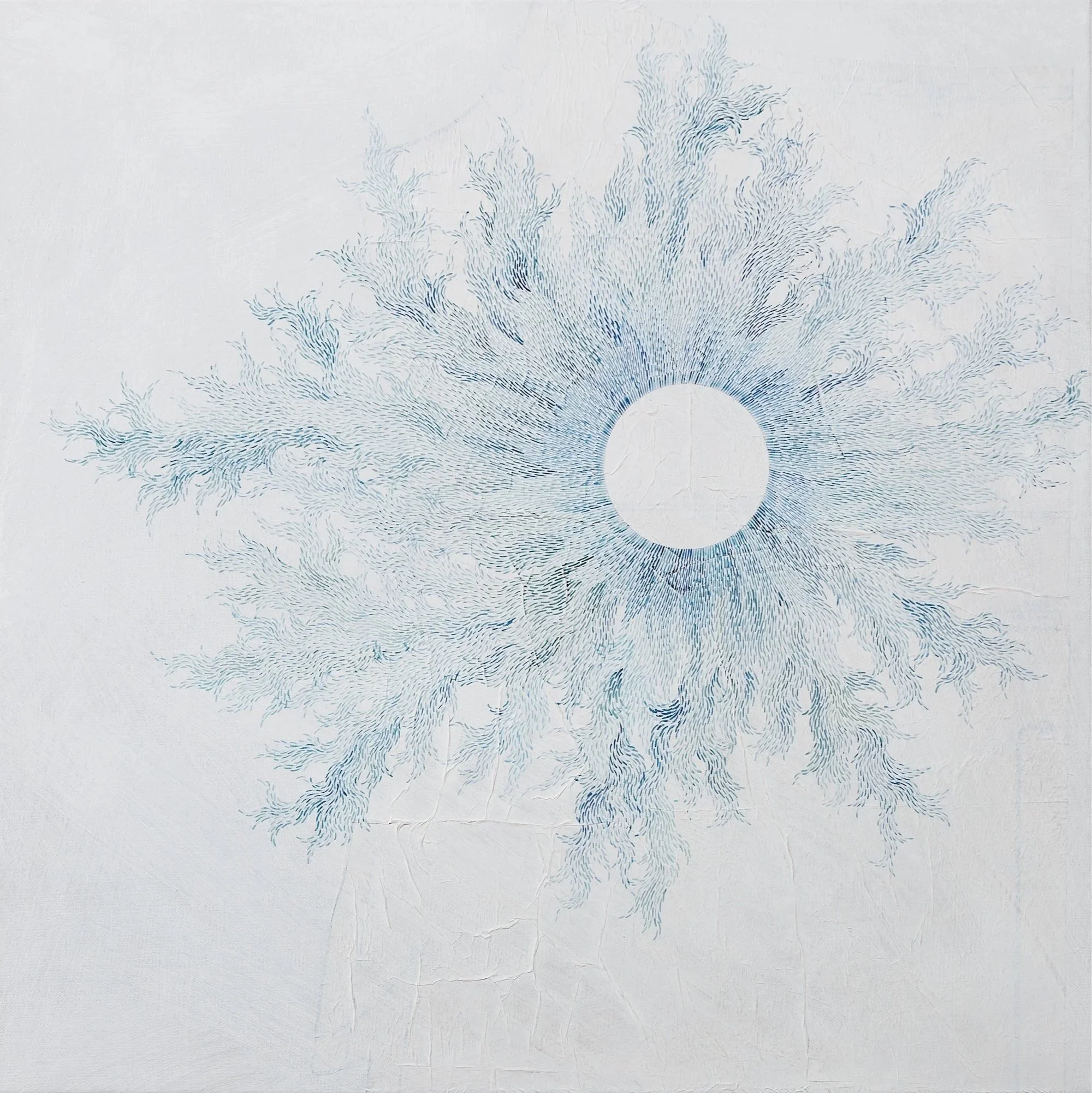 Space For Stillness. Watercolor, Collaged Sewing Pattern, Gesso, on Linen Canvas. 20" x 20".