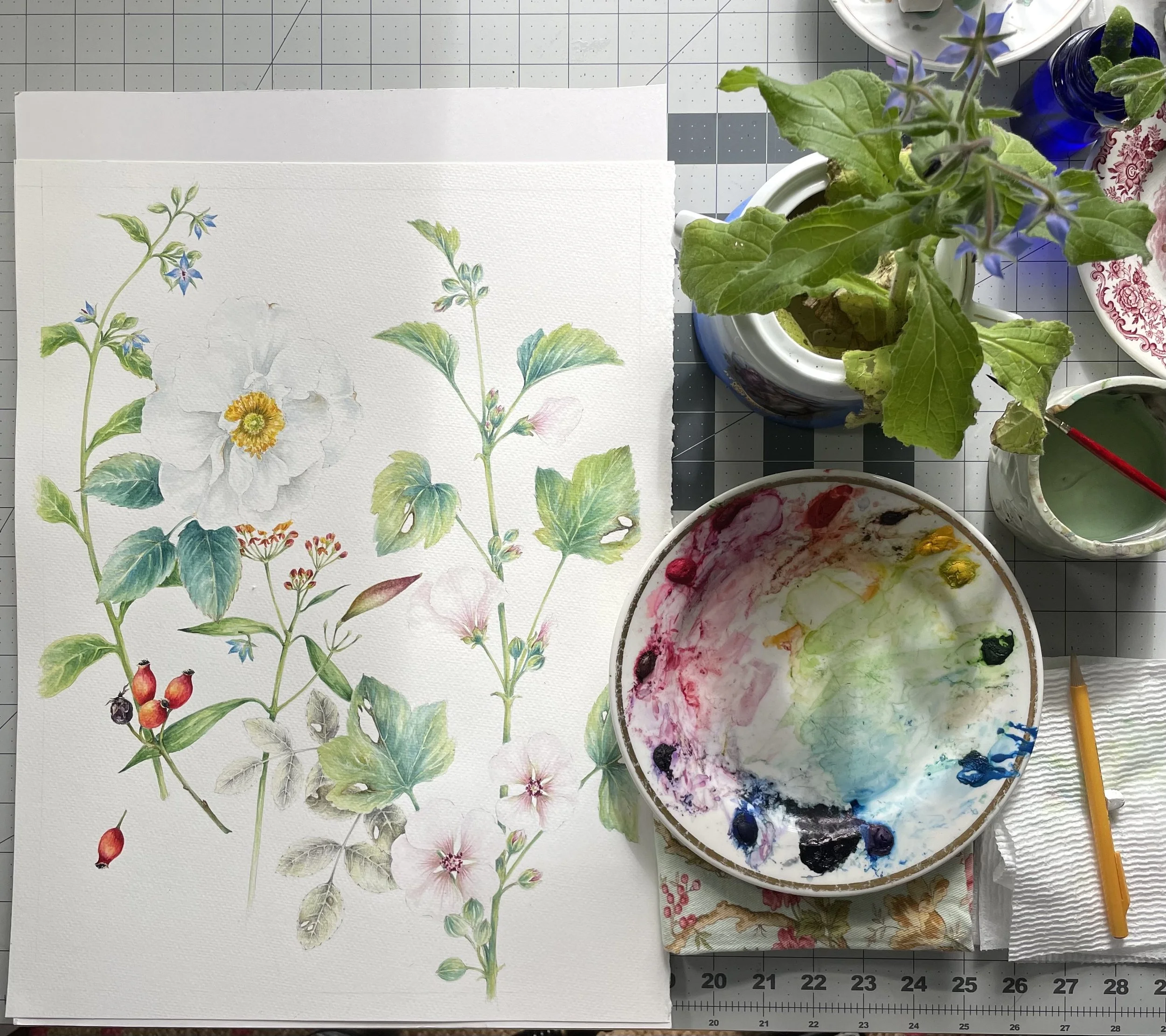 Pretty floral watercolor and watercolor palette