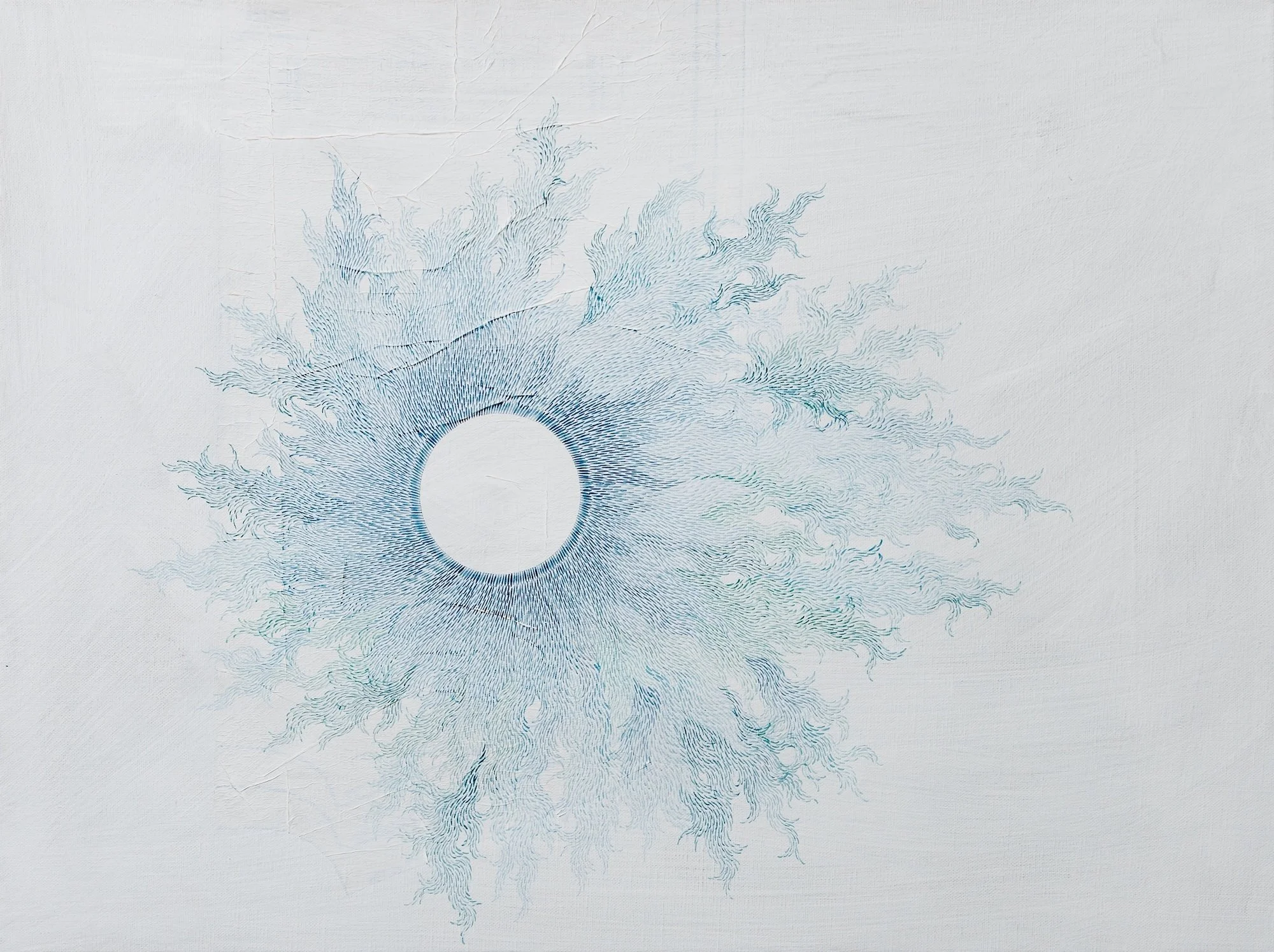 Exquisite Clarity. Watercolor, Collaged Sewing Pattern, Gesso, on Linen Canvas. 18" x 24".