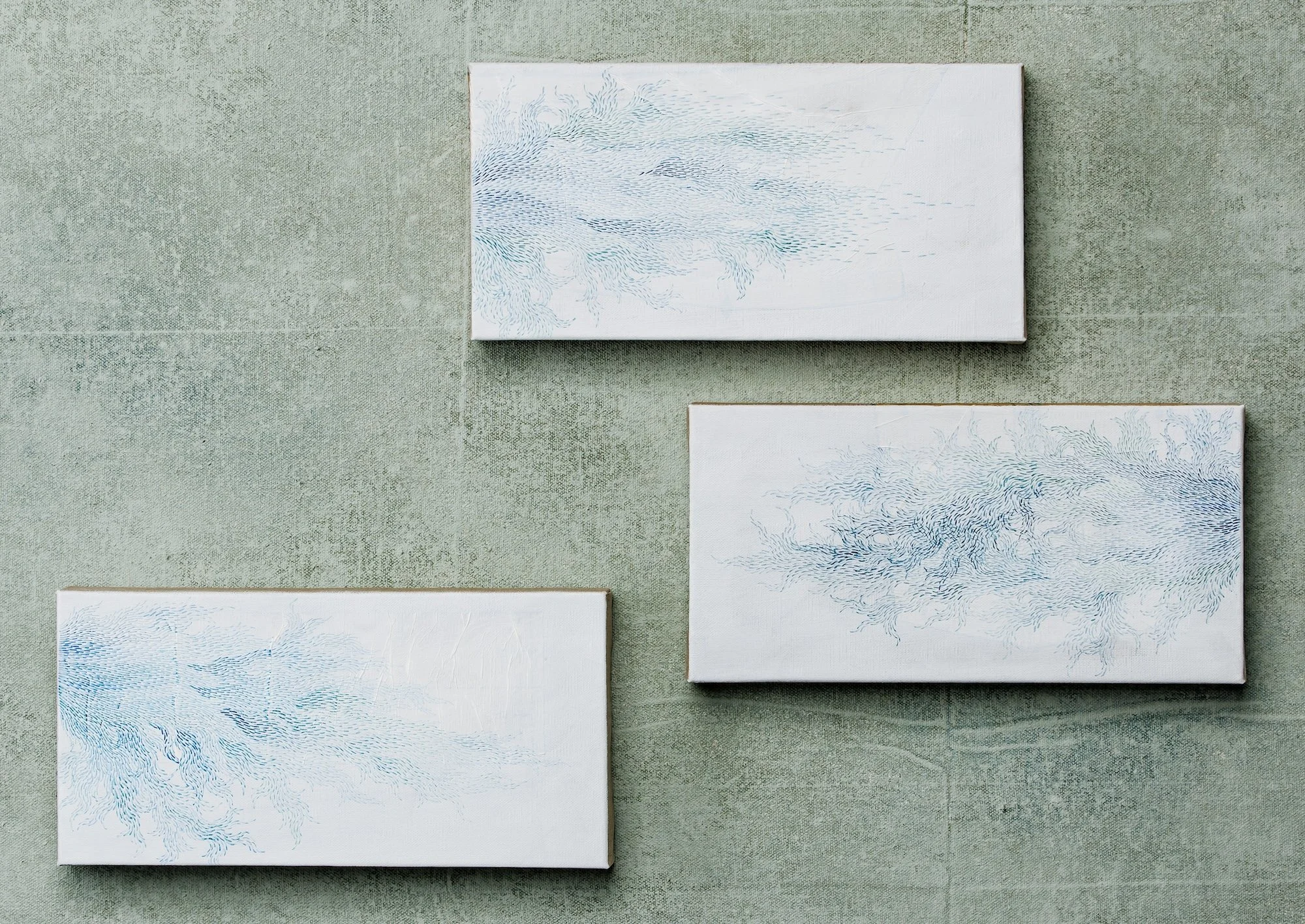 Whispers of Serenity. Watercolor, Collaged Sewing Pattern, Gesso, on Linen Canvas. 6" x 12" each.