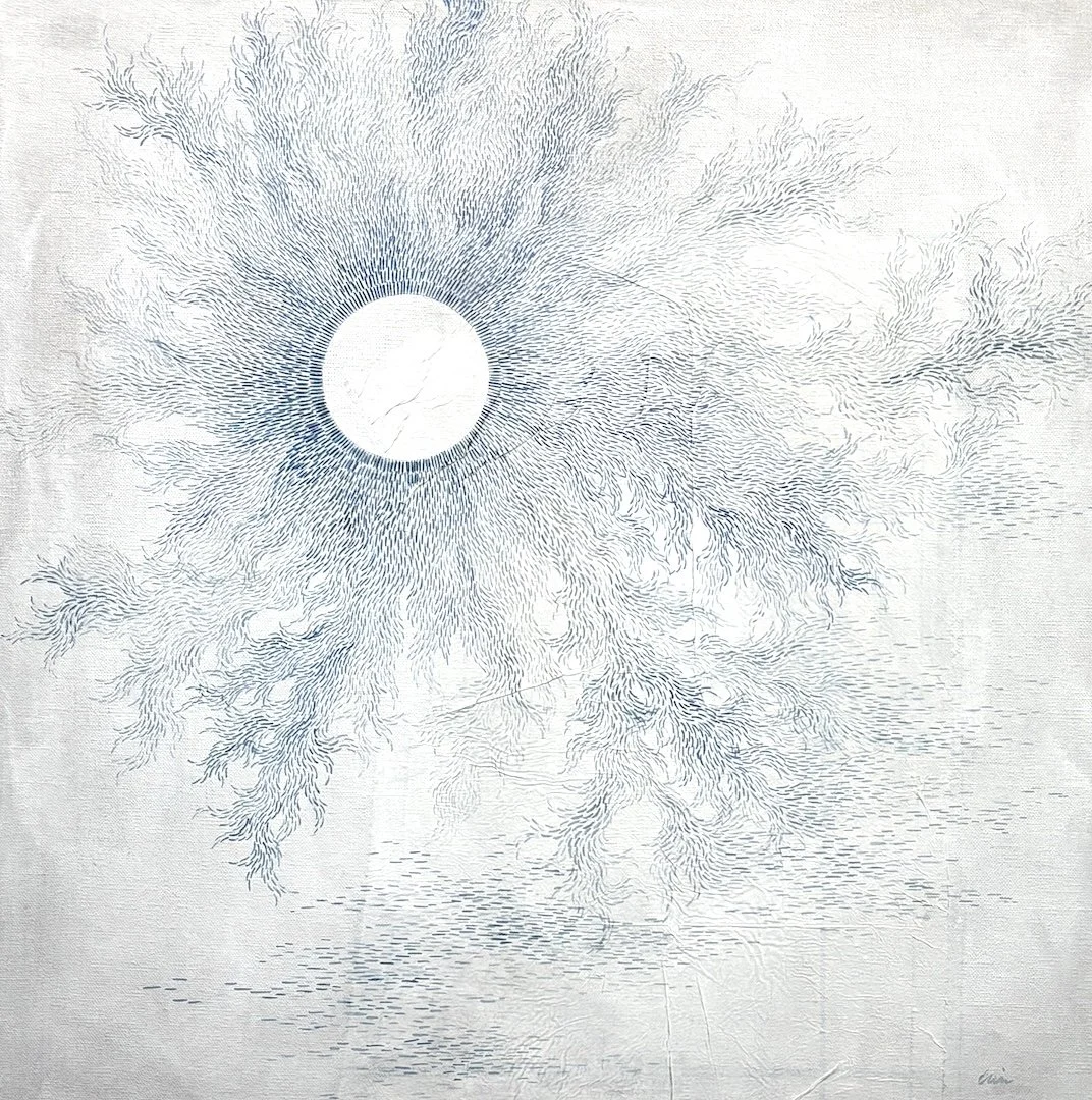 An abstract art piece with intricate blue and gray lines radiating from a central white circle, resembling a depiction of lightning or neural network pathways.