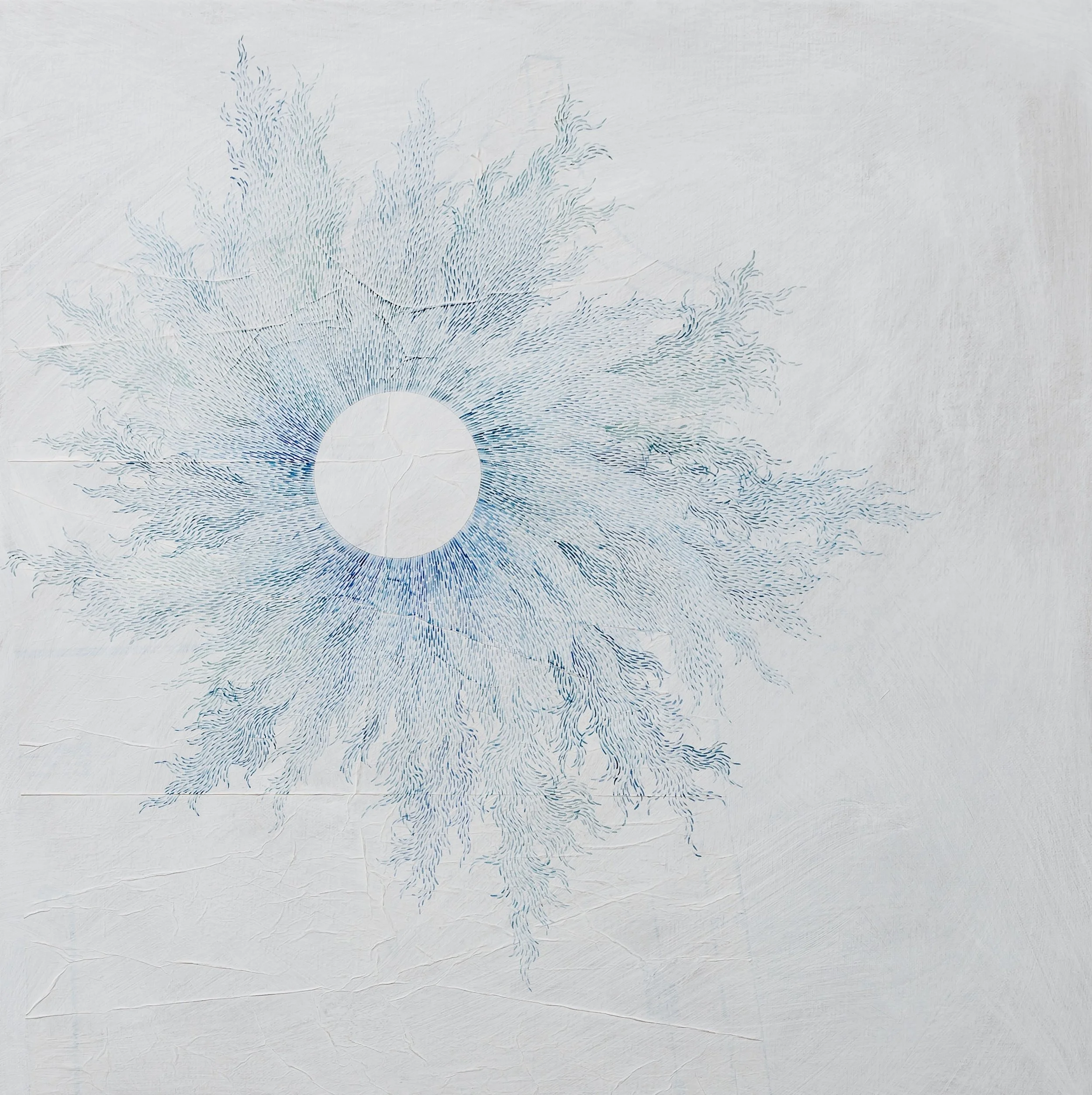 Equanimity. Watercolor, Collaged Sewing Pattern, Gesso, on Linen Canvas. 20" x 20".