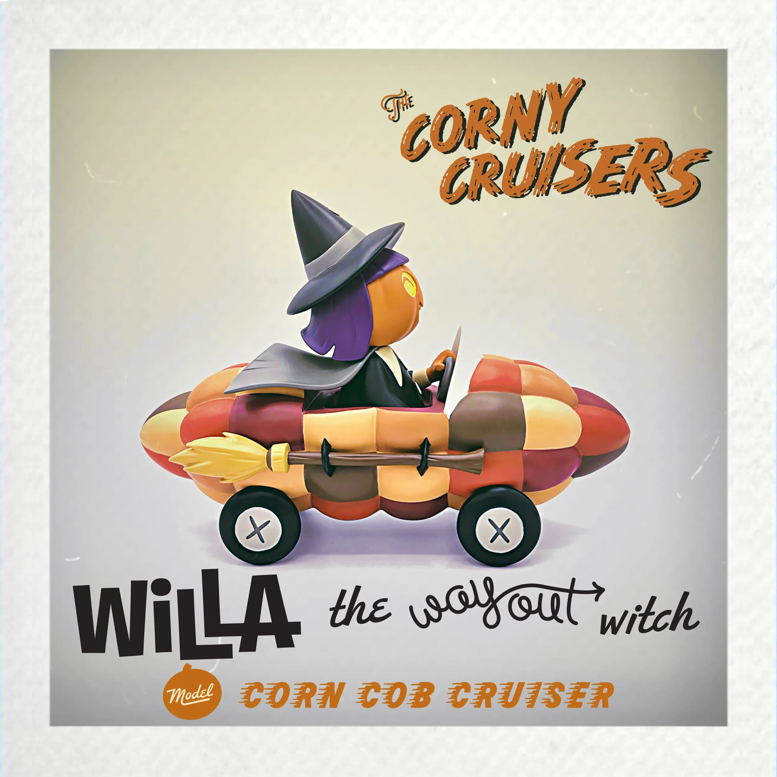Stephanie Buscema Corny Cruisers: Willa the Way-Out Witch resin art toy, pumpkin-head witch driving patchwork Corn Cob Cruiser with broom