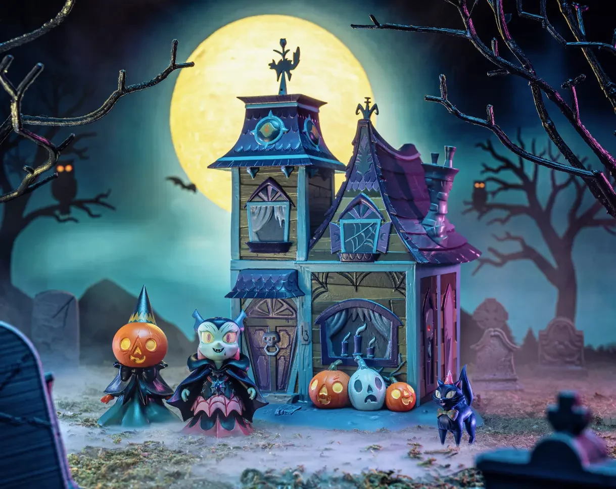 Stephanie Buscema Black Cat Chateau resin art toy set with Pumpkin Magician, Vampyre, and black cat familiar in graveyard scene