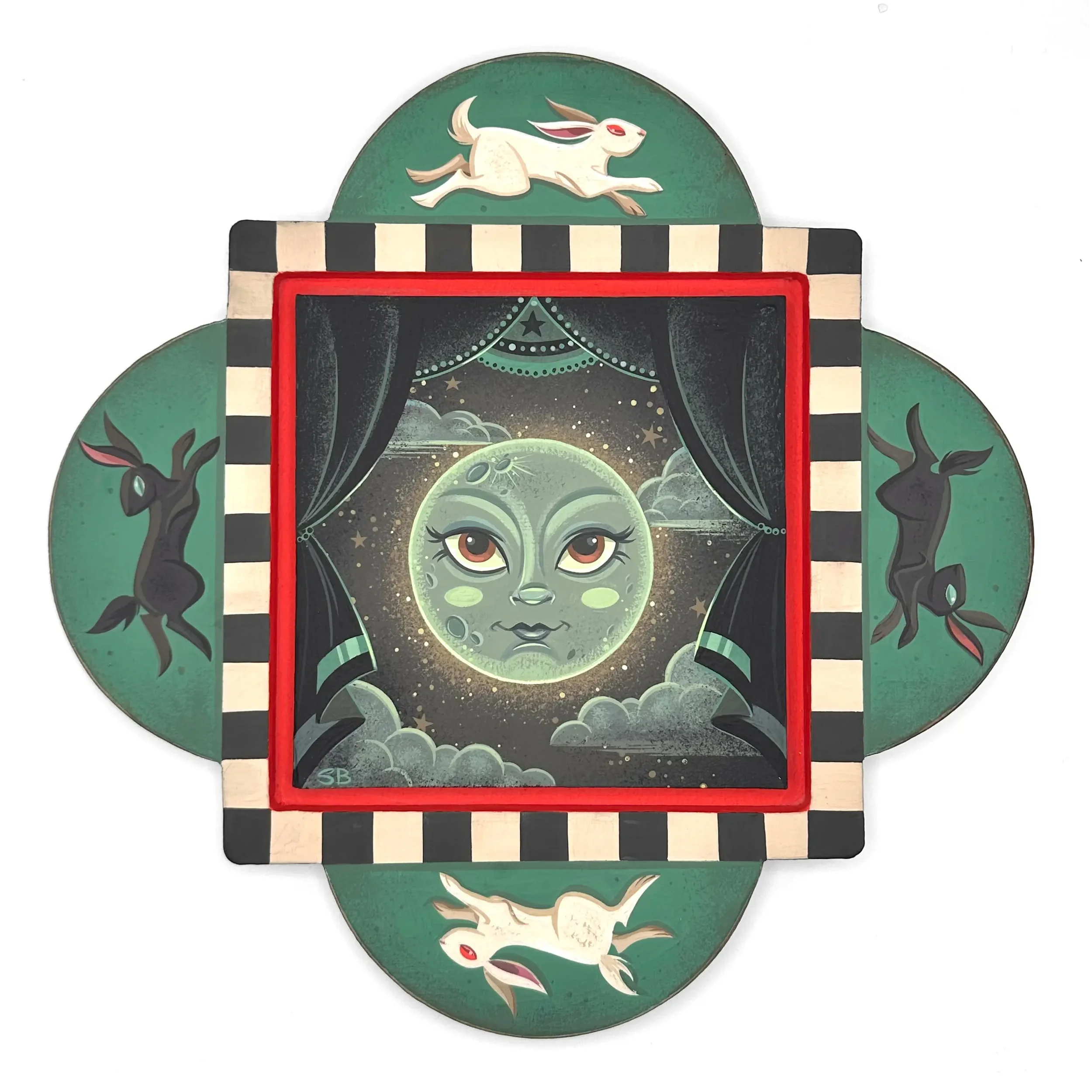 Whimsical Stephanie Buscema painting: glowing green moon face with red-brown eyes framed by theatrical curtains, surrounded by leaping white and shadow hares on a quatrefoil Baltic Birch panel