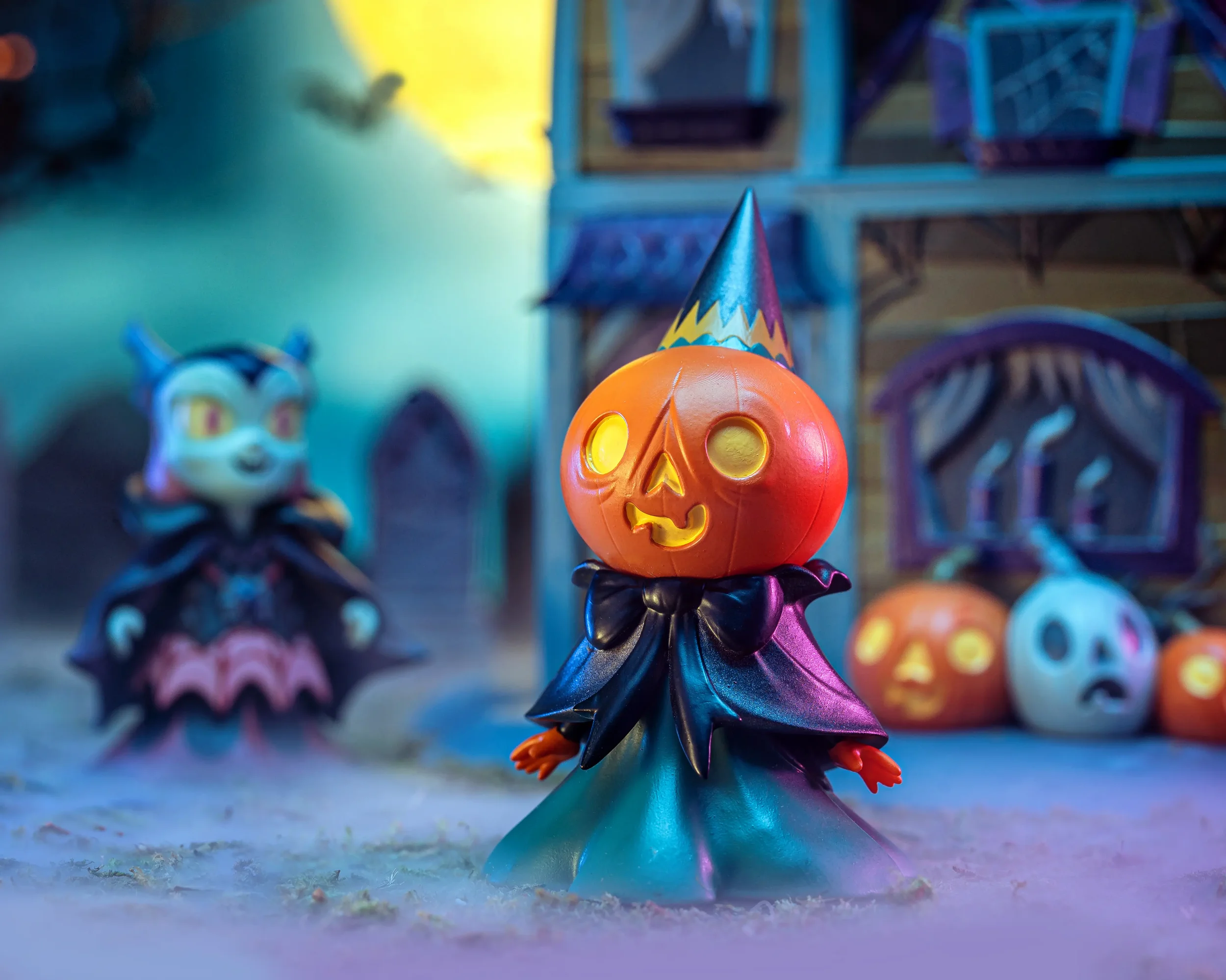 Stephanie Buscema Pumpkin Magician resin figure from the Black Cat Chateau set, wearing wizard hat and iridescent teal cape