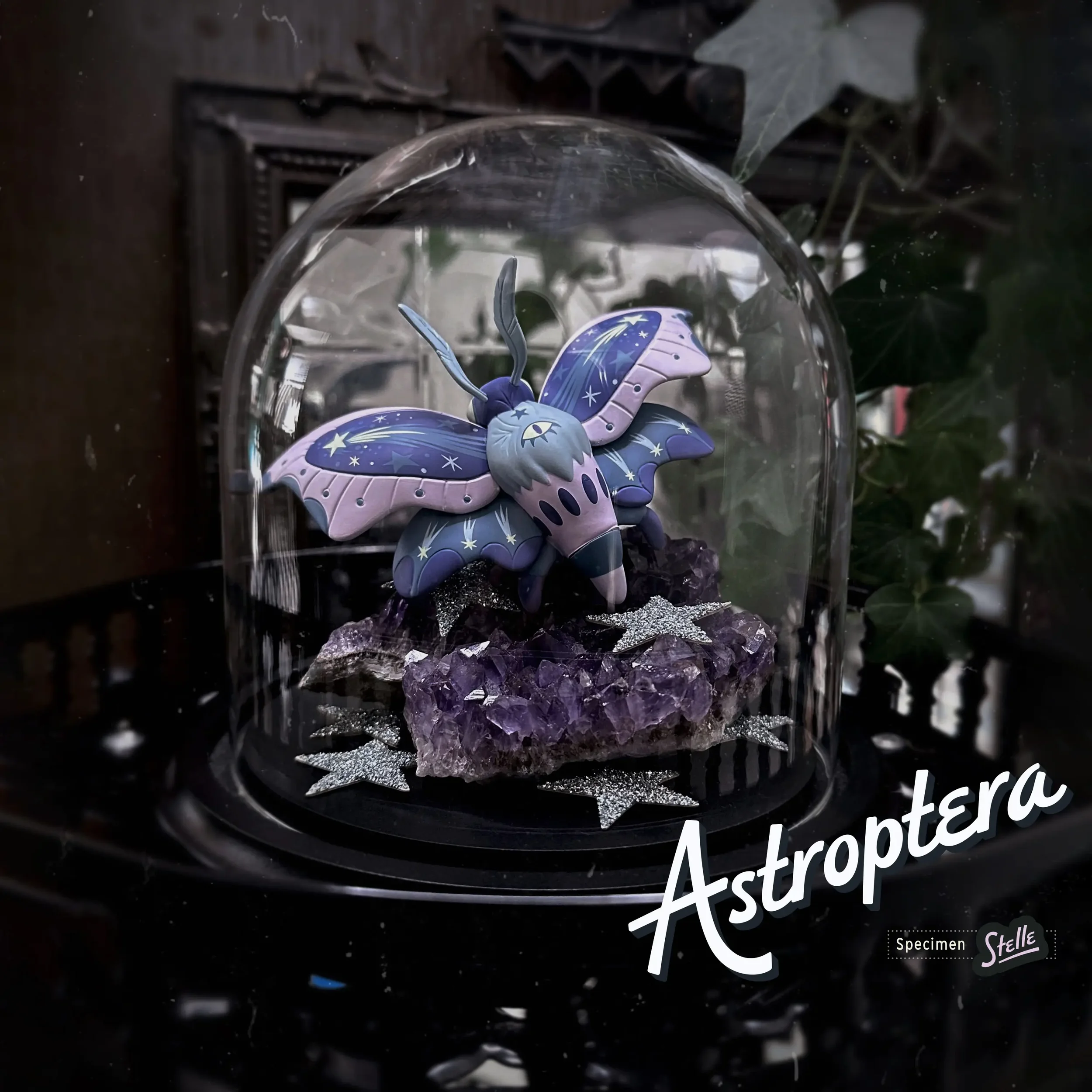 Stephanie Buscema Astroptera Stelle vinyl moth displayed under glass dome on amethyst crystal with silver stars