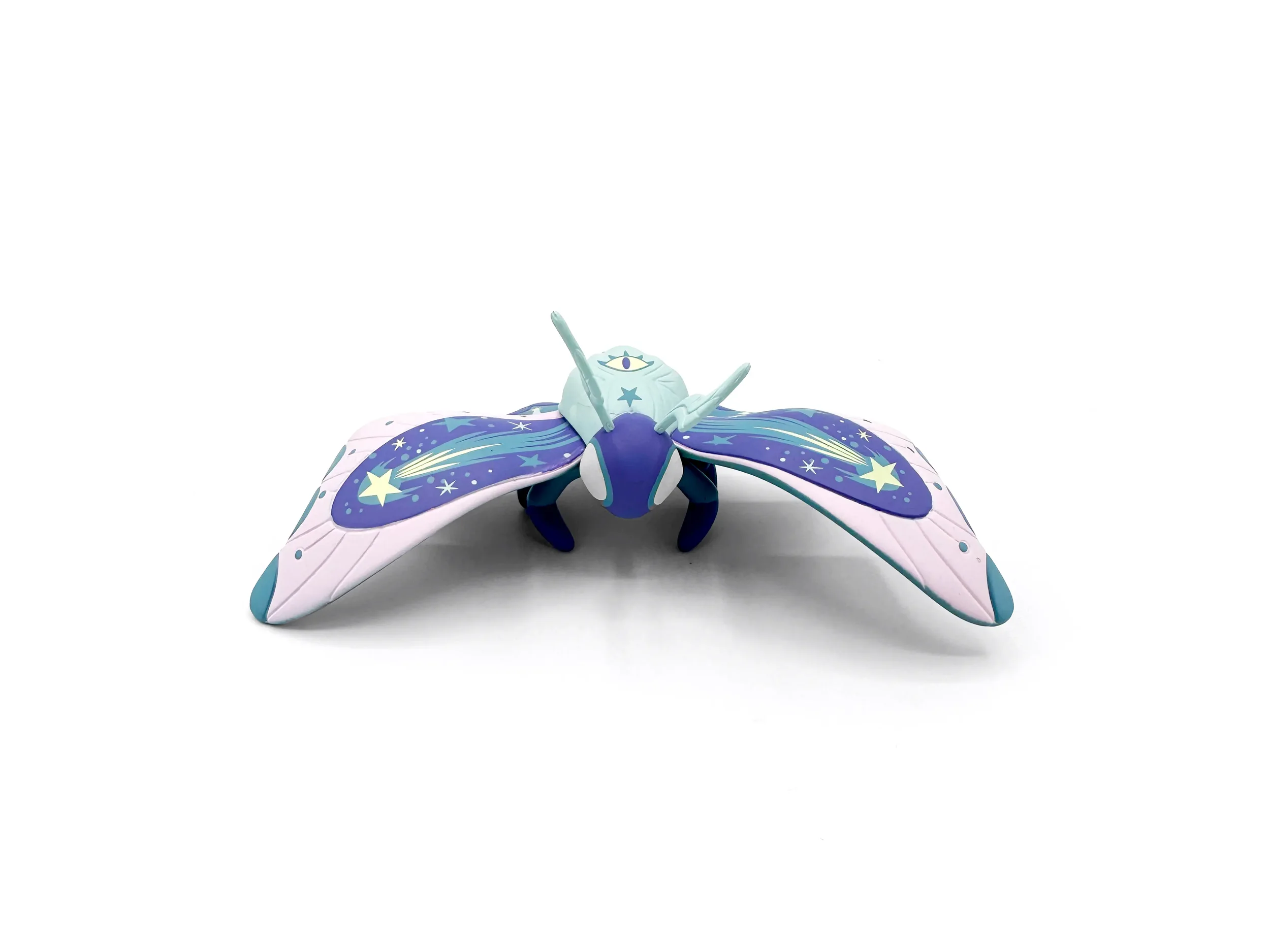 Stephanie Buscema Astroptera Stelle vinyl moth art toy, front view with full wingspan showing shooting star wing design