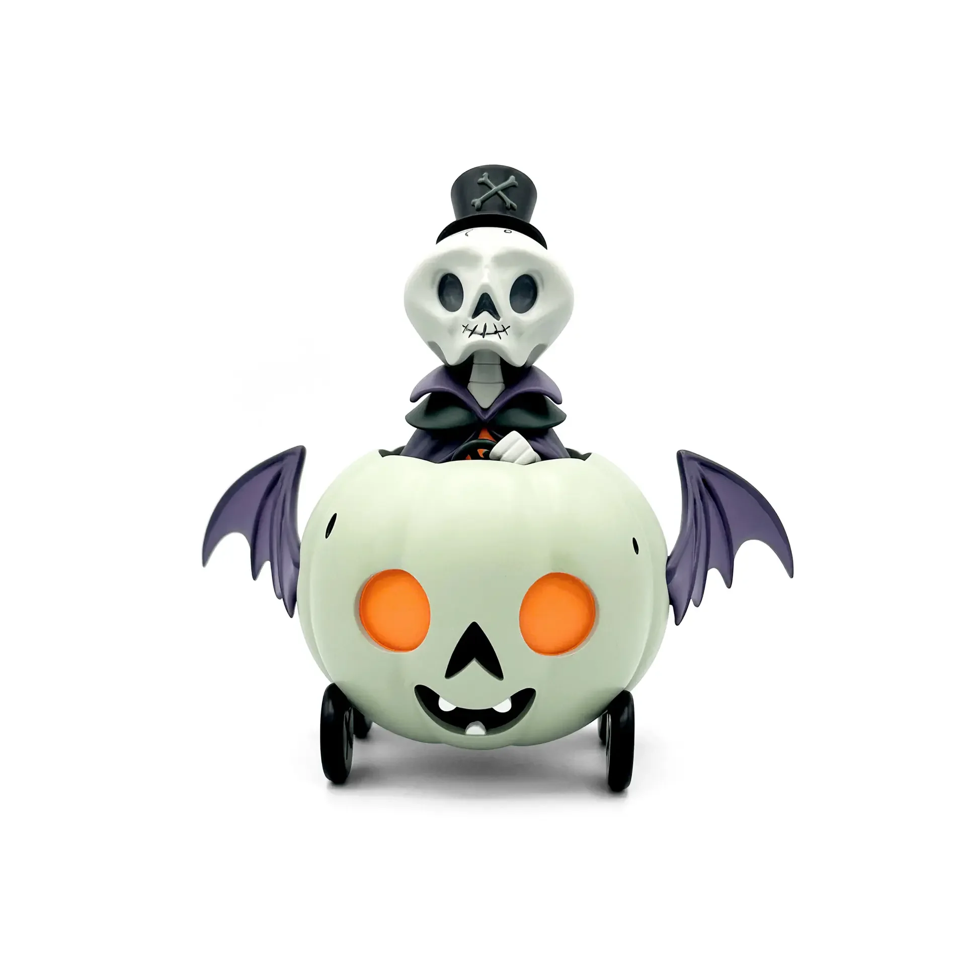 Stephanie Buscema Nigel the Necromancer in his Ghostly Gourd Racer, front view with skull driver and bat-wing pumpkin car
