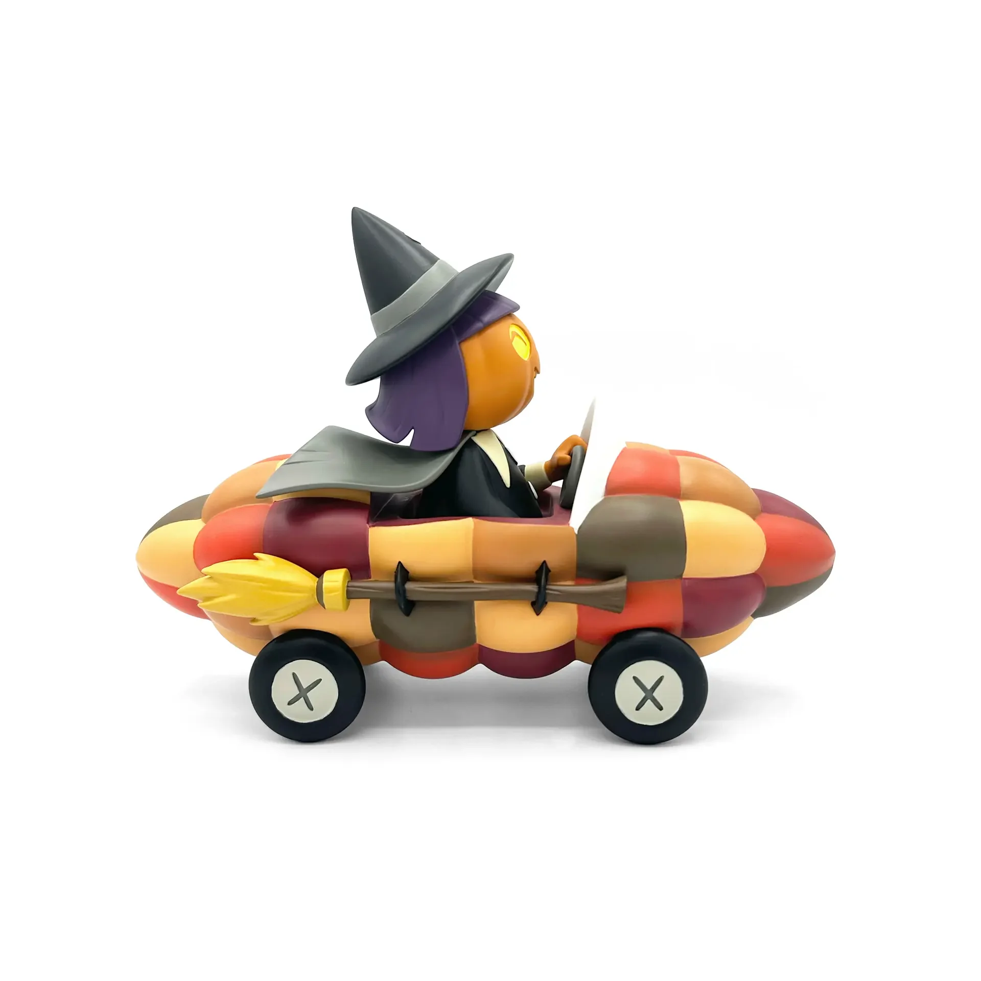 Stephanie Buscema Willa the Way-Out Witch Corn Cob Cruiser resin art toy, left side profile with broom and button wheels
